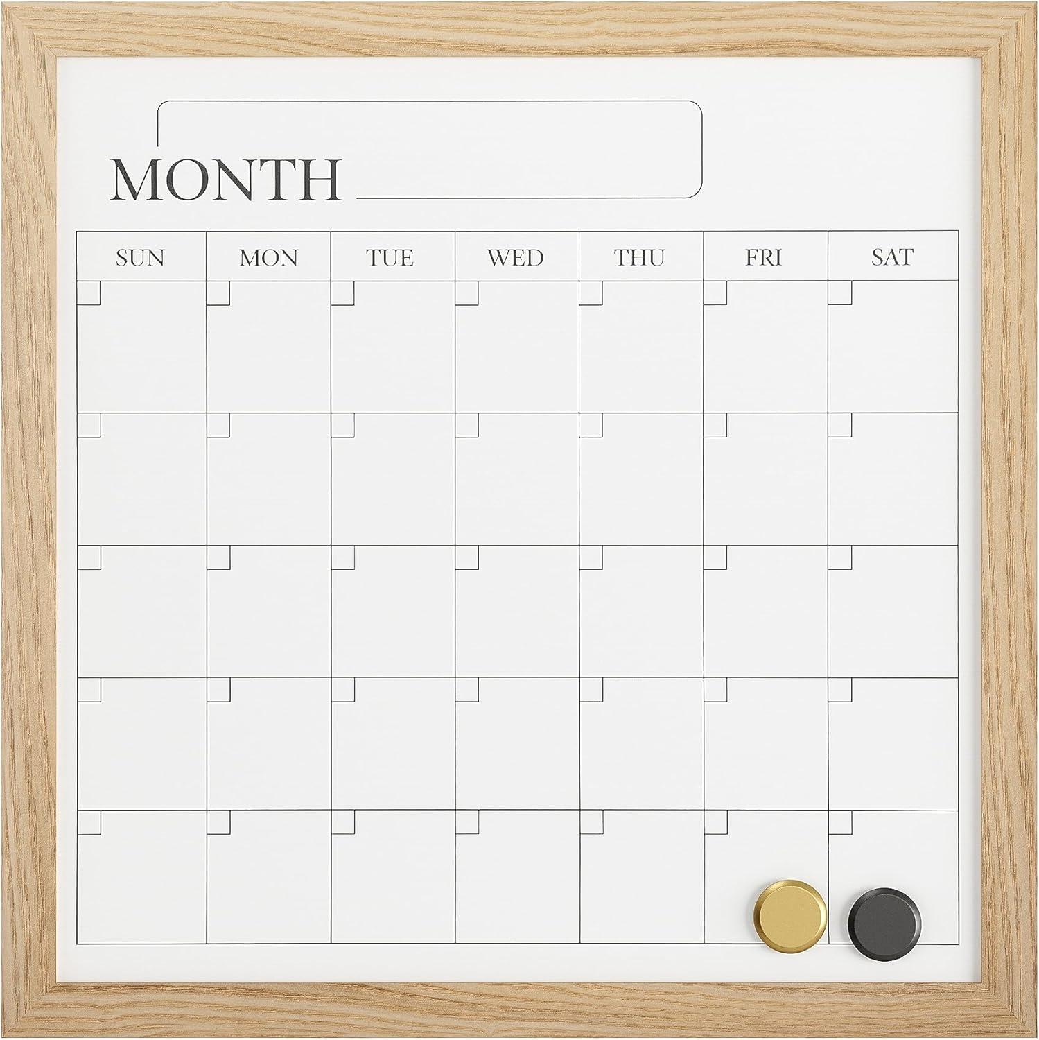 Martha Stewart Everette 18" x 18" Magnetic Monthly Calendar Dry Erase Board with Light Natural Woodgrain Frame, Included Dry Erase Marker and 2 Magnets