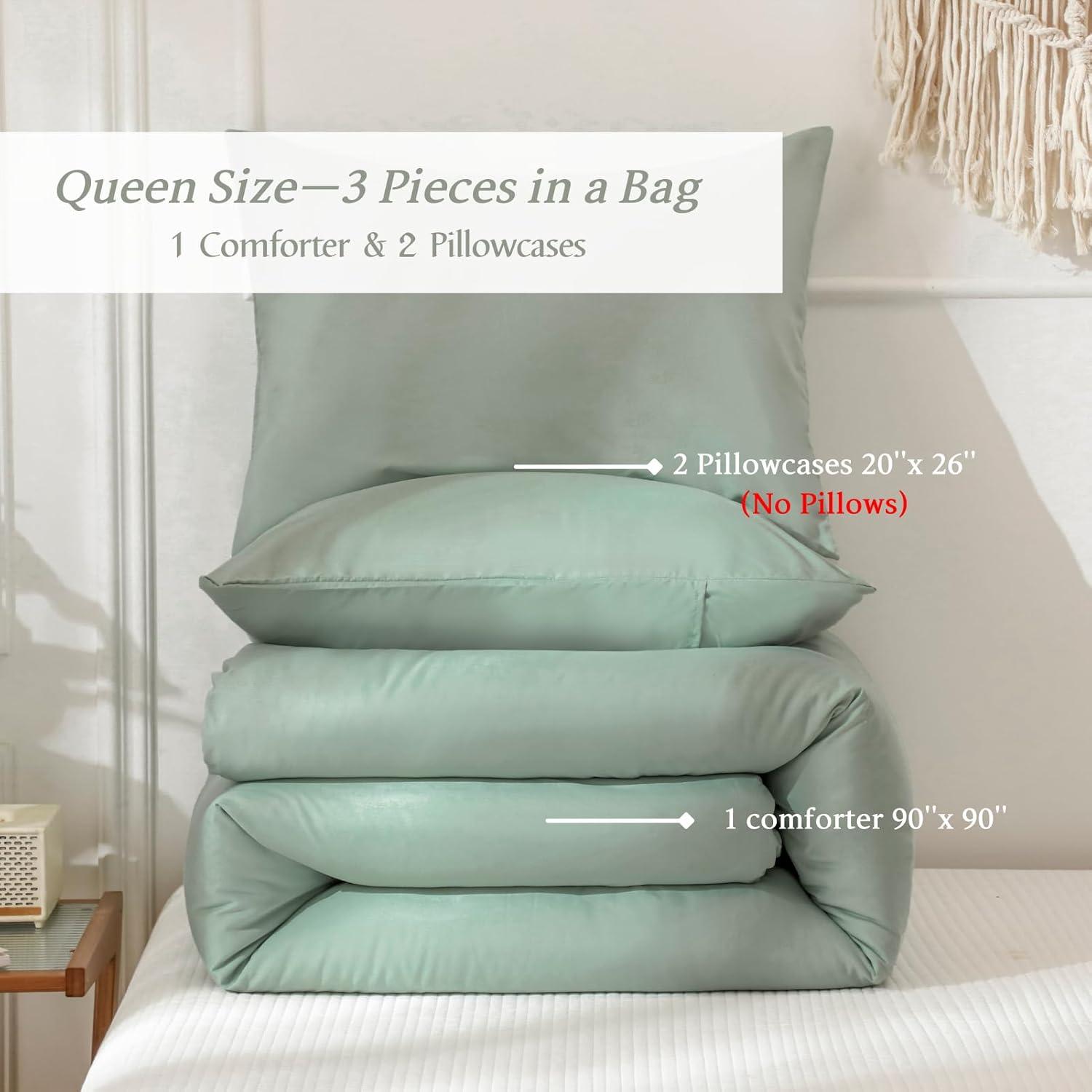 SPRINDAY Queen Comforter Set For Adult, 3 Piece Sage Green Comforter Sets & Bedding For All Season