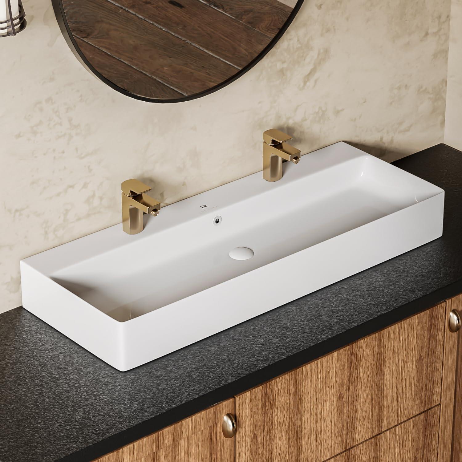 Extra Large White Ceramic Wall-Mount Trough Sink with Dual Faucet Holes