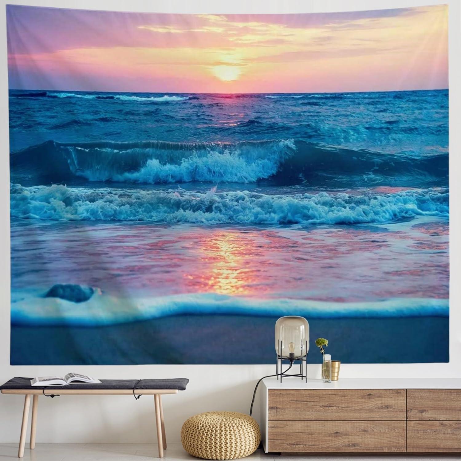 Sunset Ocean Wave Tapestry Wall Hanging, 60x82.7 Inch