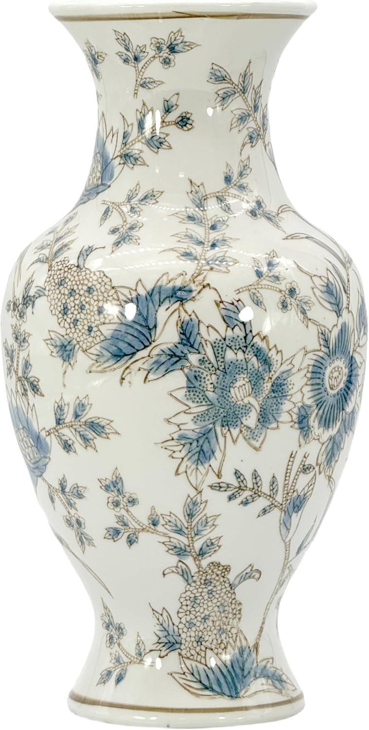 Dark Blue Floral Chinoiserie Ceramic Vase with White Accents