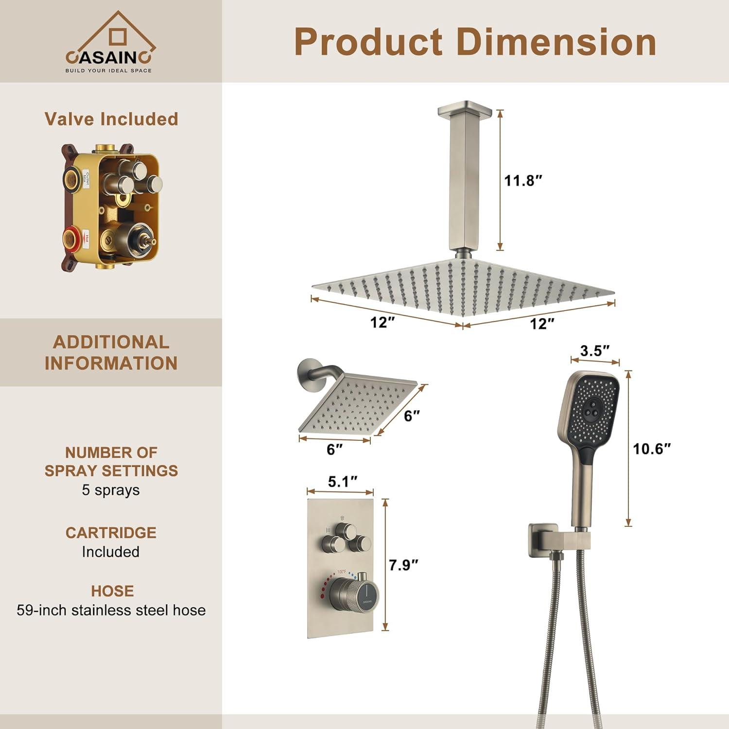 Rainfall Symphony 3-Function Dual Shower Head Thermostatic Shower System with 3 Sprays Handheld