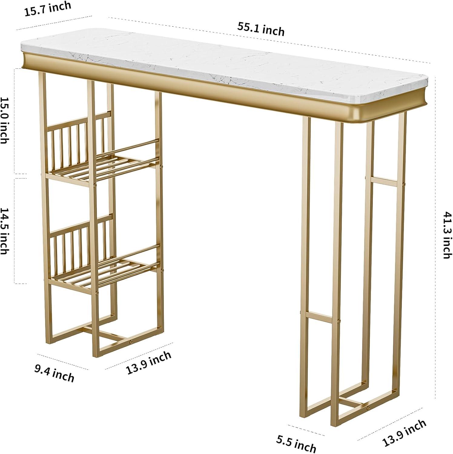 Miekor Furniture 55.1" Modern Straight Bar Table with Shelves in White & Gold W5UAAG