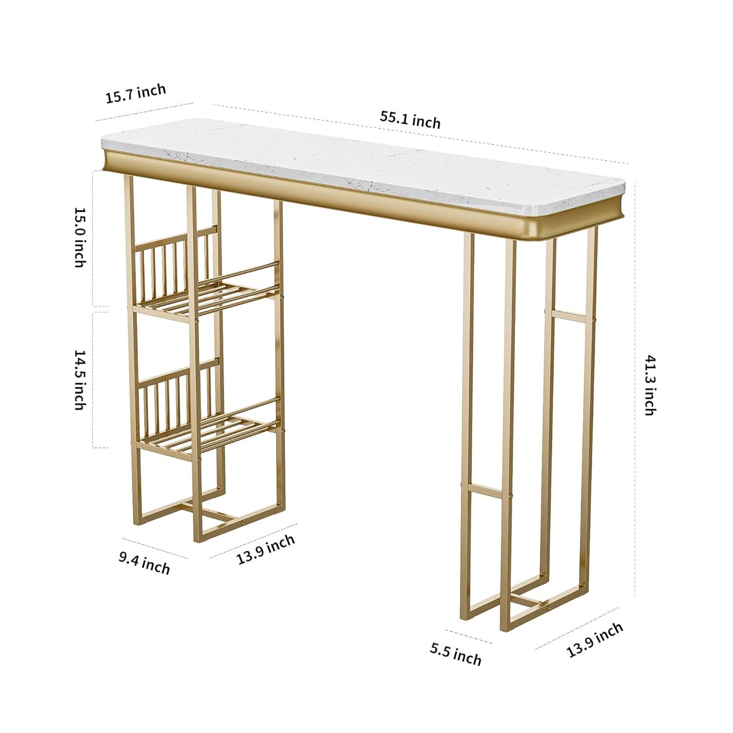 Miekor Furniture 55.1" Modern Straight Bar Table with Shelves in White & Gold W5UAAG