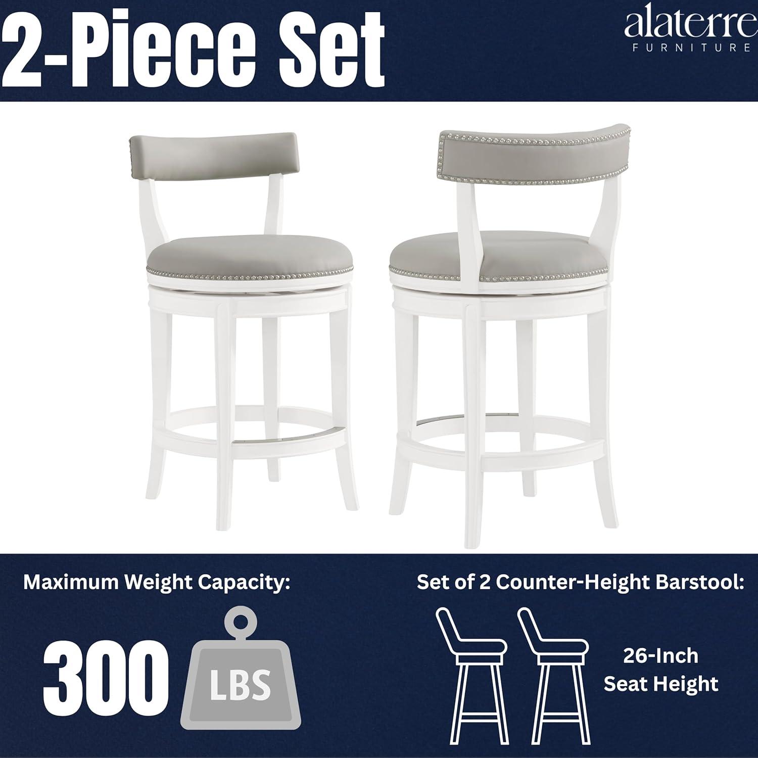 Alaterre Hanover Swivel Bar Height Stool, White and Gray, 30-Inch Seat Height, Solid Rubberwood Frame with Faux Leather Upholstery, Nailhead Trim, Memory Return Swivel, Ideal for Kitchen, Dining Area, Set of 2
