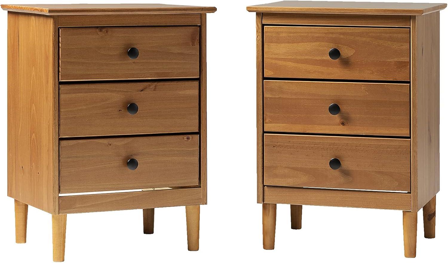 Mid-Century Solid Wood 3-Drawer Bedroom Nightstand in Caramel (Set of 2)