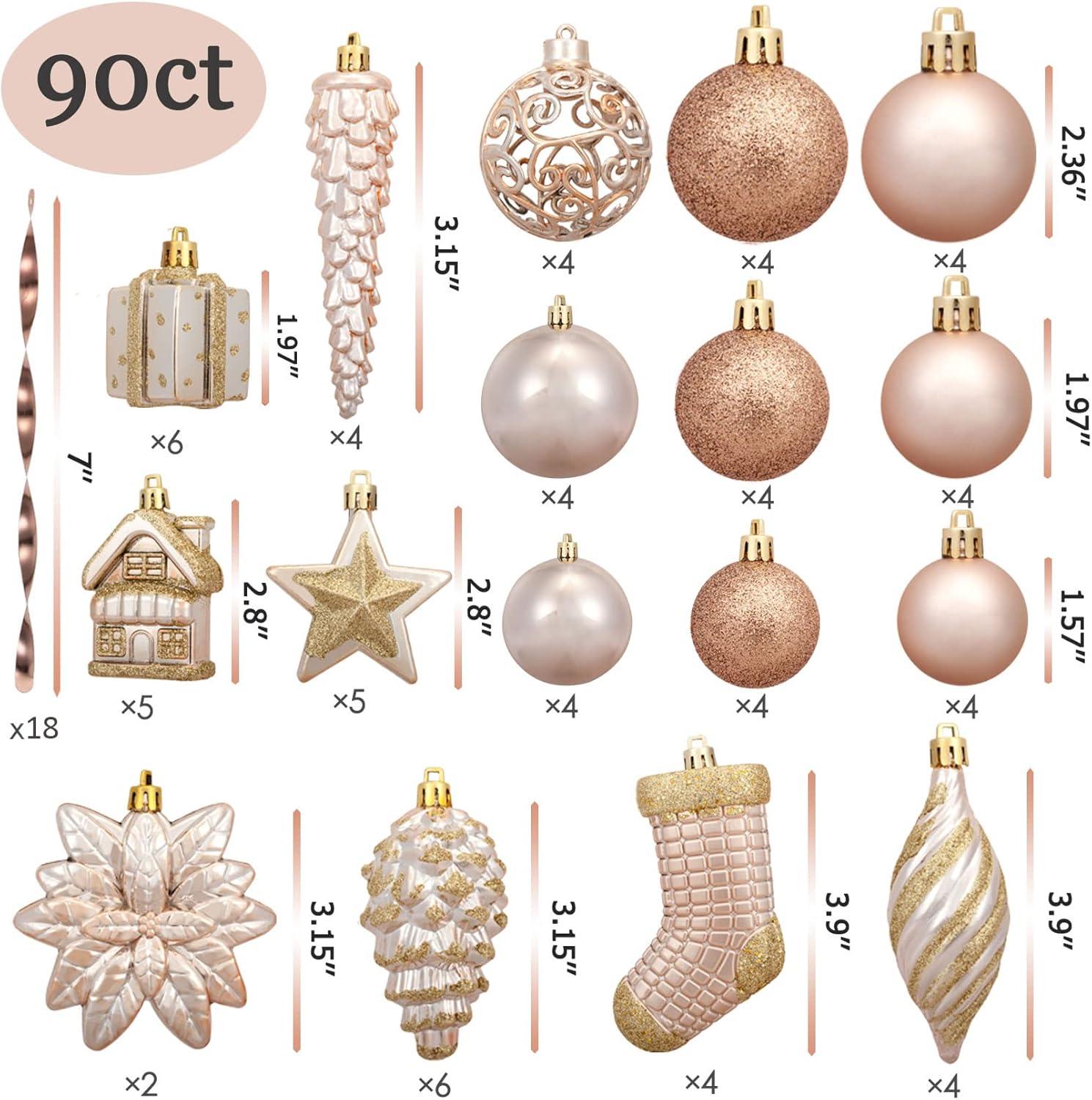 Champagne Shatterproof Christmas Ornament Set with Gift Box, 90 Pieces