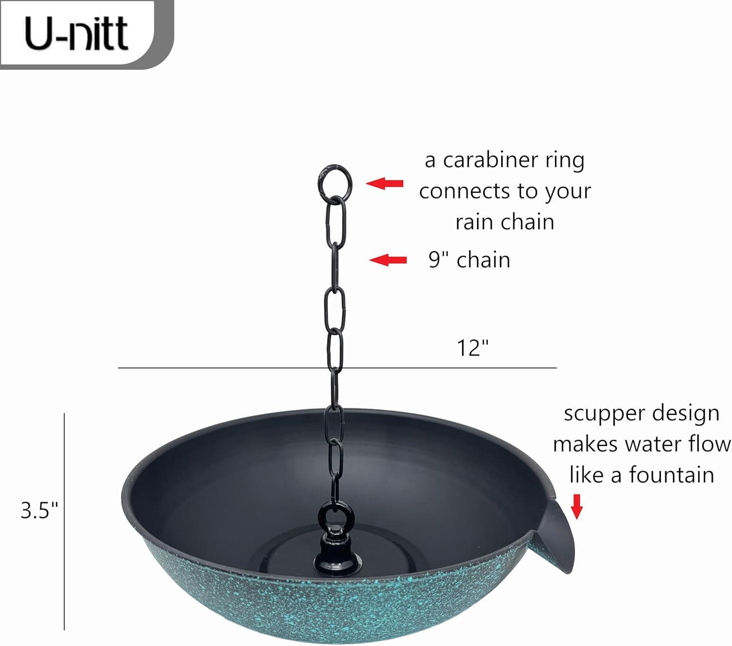 U-nitt 12" Anchoring Basin/Bowl/Dish for Gutter Rain Chain, Spill Bowl for Fountain, with Scupper, Birdbath Alternative, with Attachment Chain, Black Powder Coated with Patina, 972PA