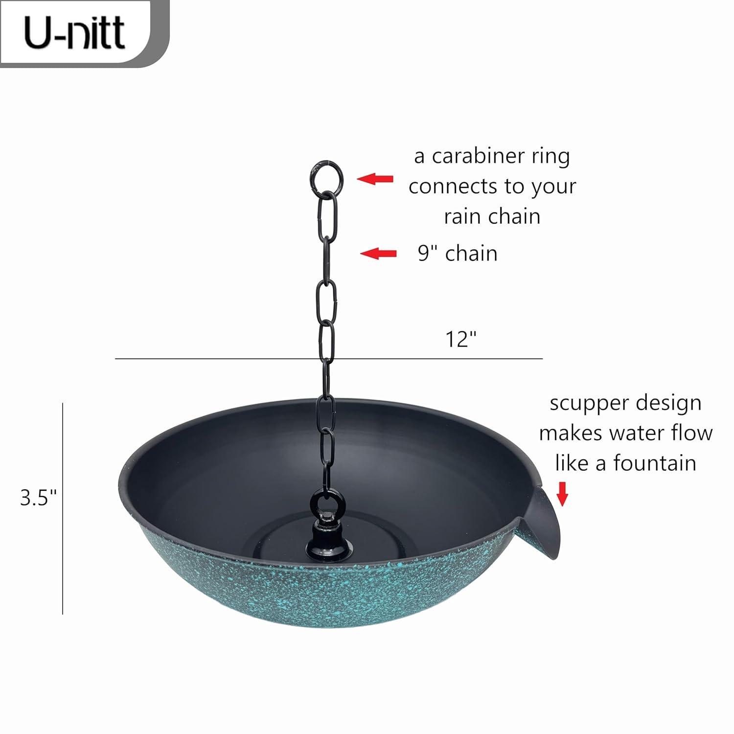 U-nitt 12" Anchoring Basin/Bowl/Dish for Gutter Rain Chain, Spill Bowl for Fountain, with Scupper, Birdbath Alternative, with Attachment Chain, Black Powder Coated with Patina, 972PA