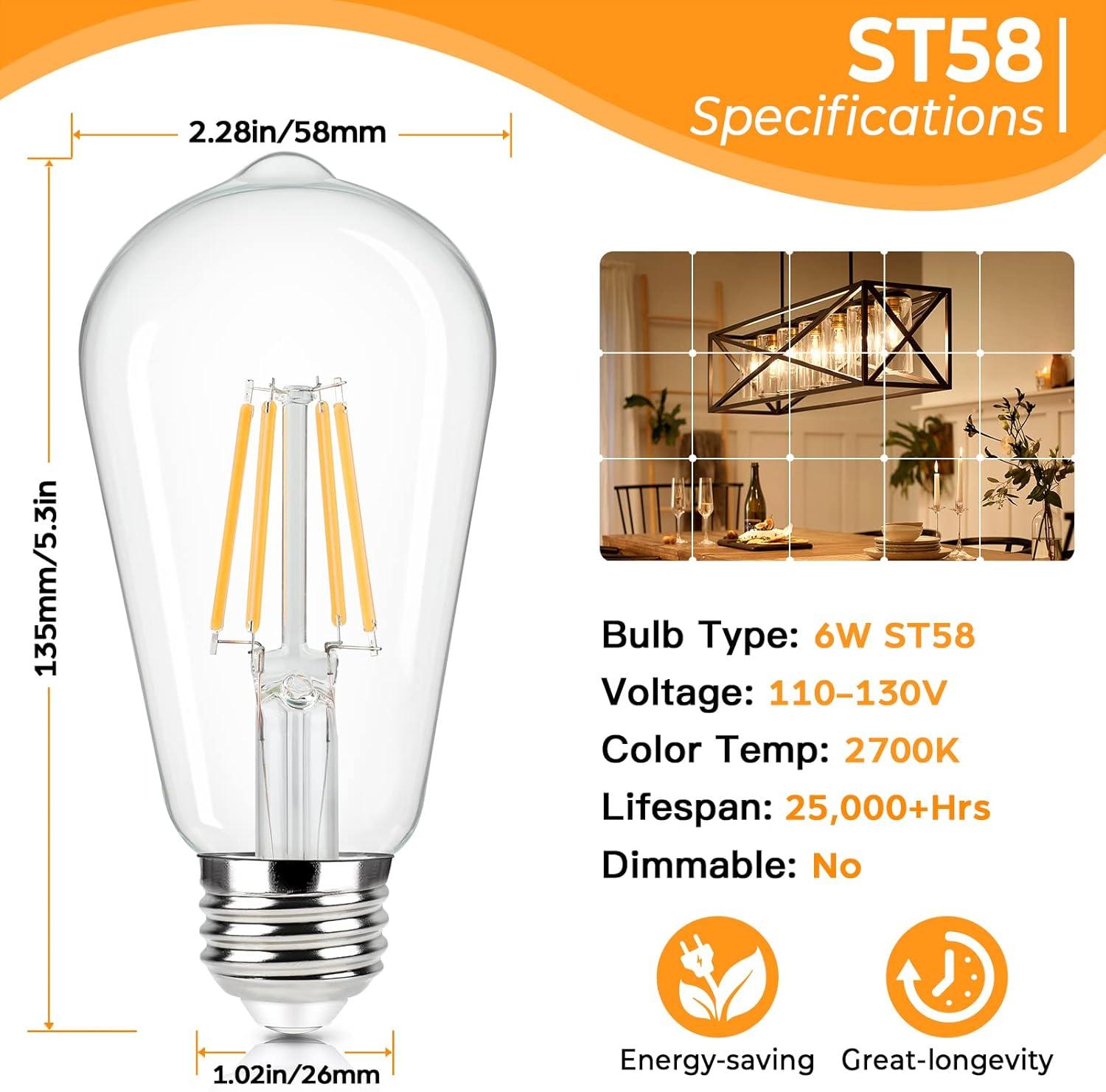 KY Vintage LED Edison Bulbs 6W, Equivalent 60W Incandescent, Warm White 2700K, ST58 Antique LED Filament Bulbs with 90+ CRI, E26 Medium Base,Dimmable, Clear Glass, Pack of 6