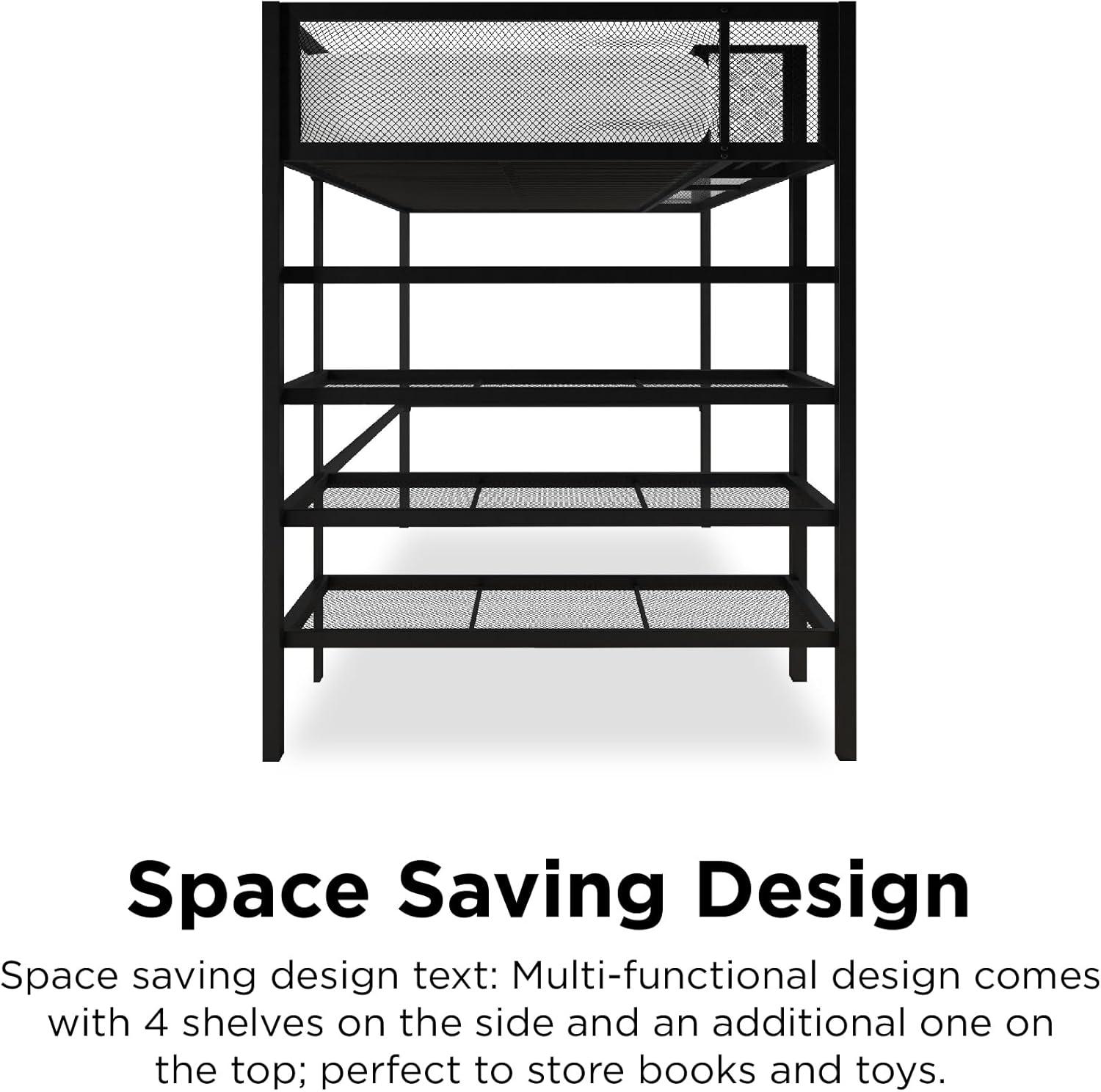 Twin Black Metal Loft Bed with Bookcase and Slats