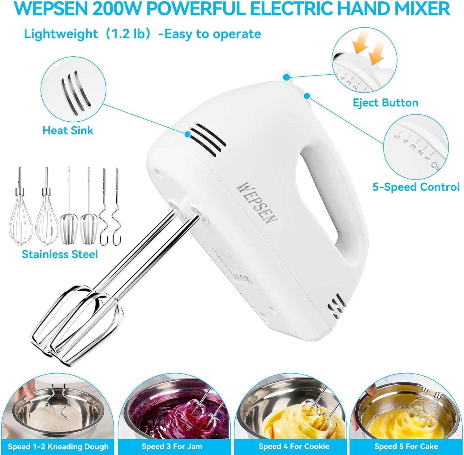 MODERN WALLS LLC B07SJQZVZS Hand Mixer Electric Mixing Bowls Set, 5 Speeds Handheld Mixer With 4 Nesting Stainless Steel Mixing Bowl, Measuring Cups Spoons 200W Kitchen Blender Whisk Beater Baking Supplies For Beginner