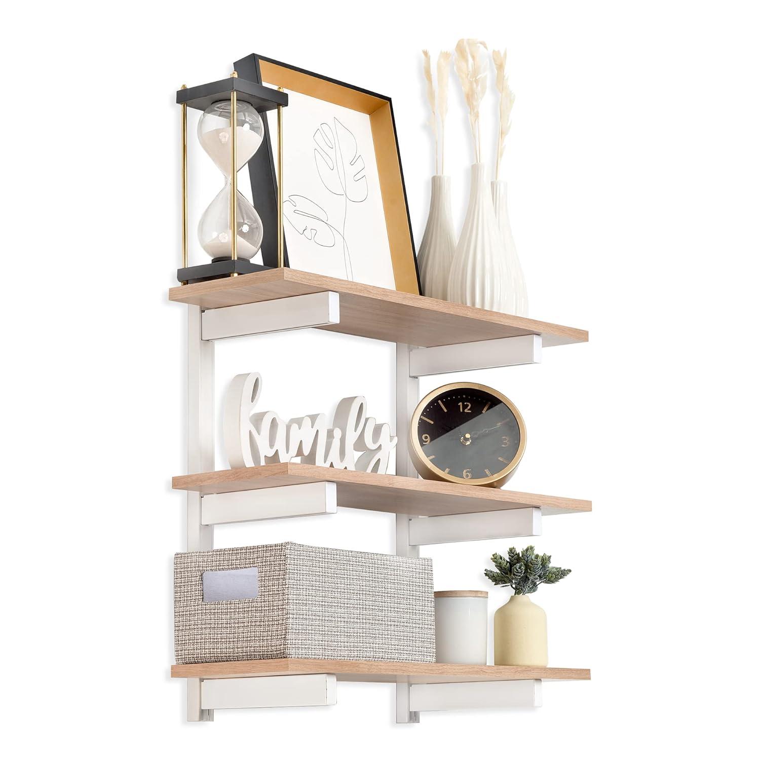 3-Tier Floating Shelves Set, Light Oak - 0.5” x 24” - Premium Wall Shelves for Bedroom, Bathroom, Office, or Kitchen - Clean, Minimalistic Design, Durable Shelf with Bracket for Easy Installation