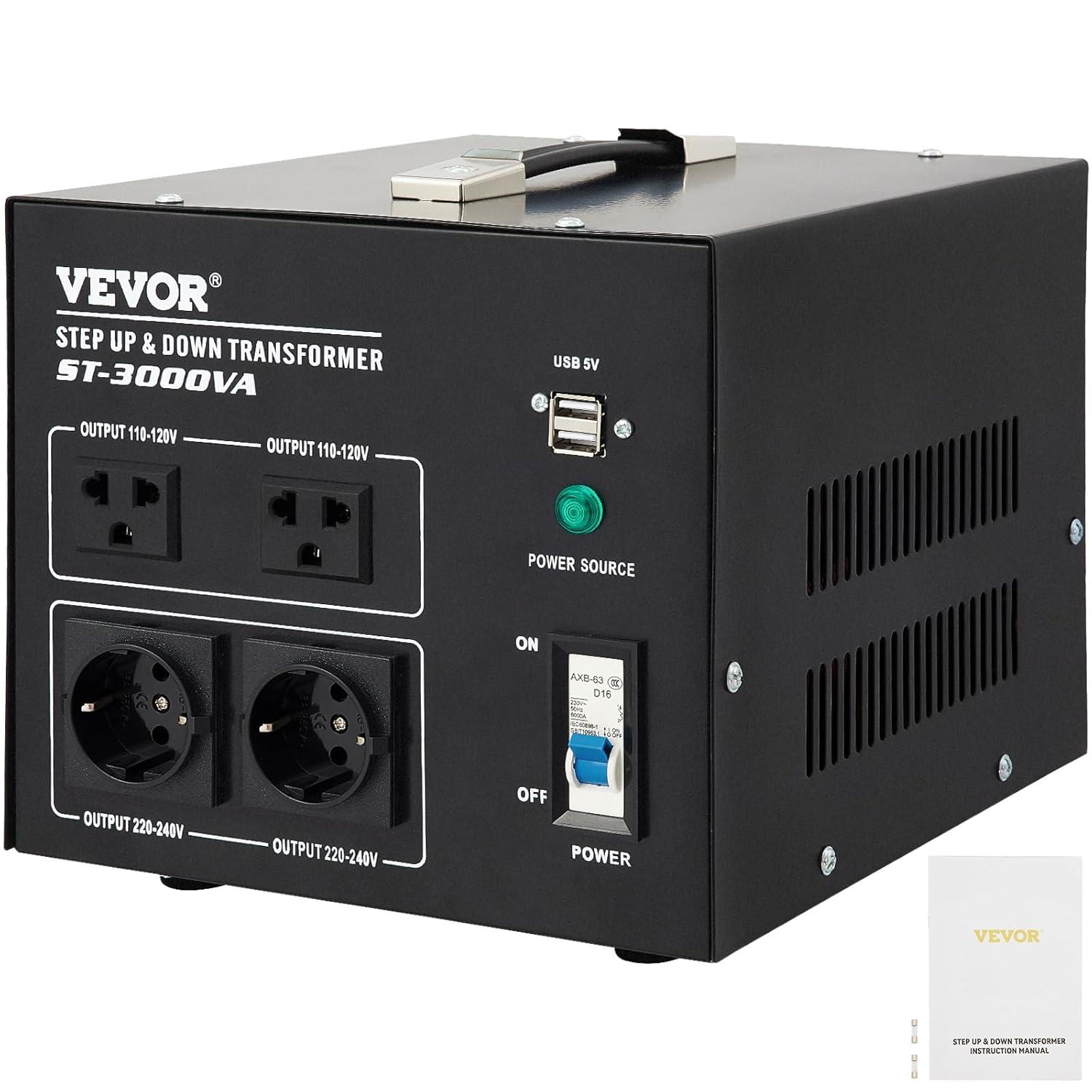 VEVOR 3000W Black Step Up/Down Voltage Transformer with USB Port