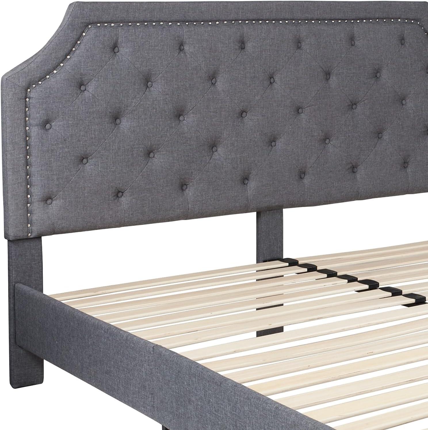 Elegant King-Sized Light Gray Upholstered Platform Bed with Nailhead Trim