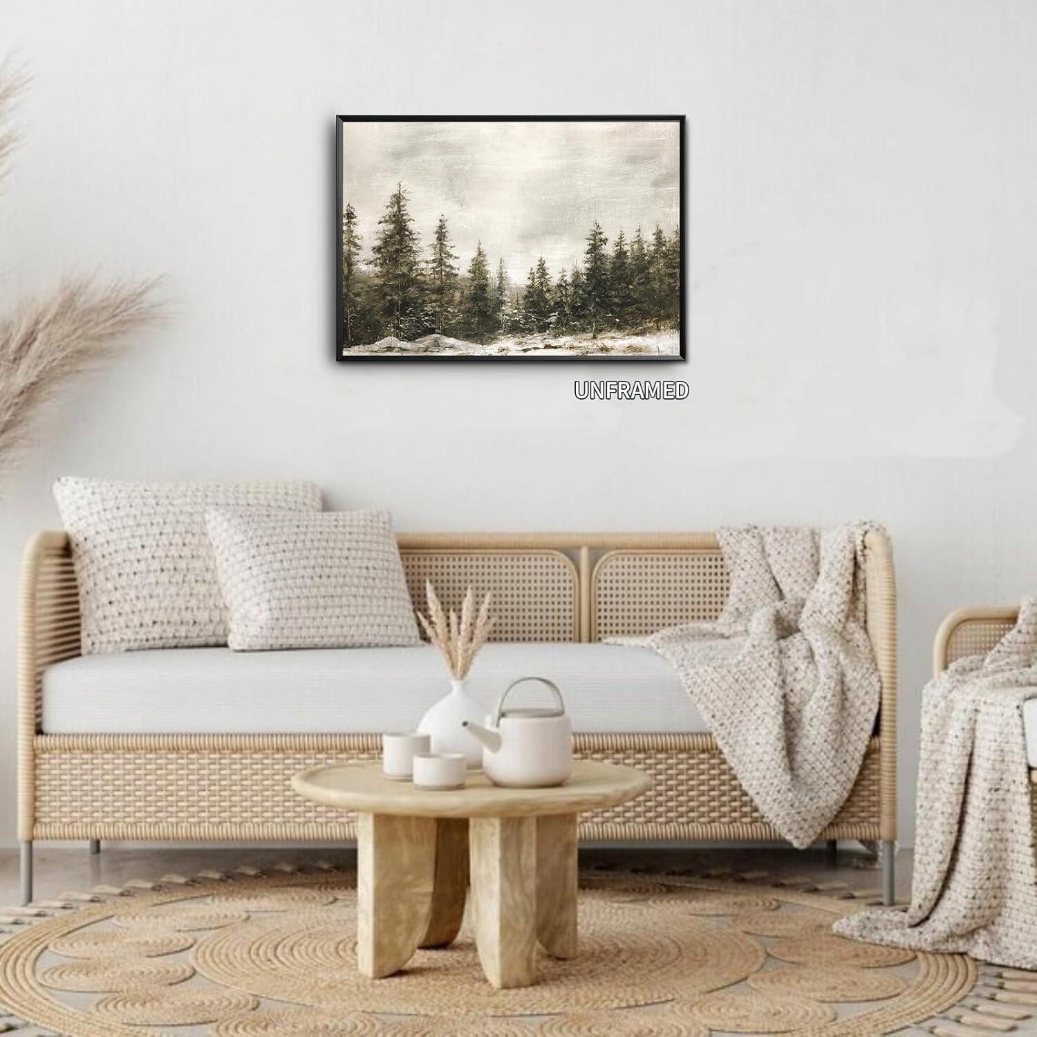 Venphude Winter Pine Forest Landscape Canvas Wall Art, Rustic Christmas Snowy Pine Tree Poster Print, Watercolor Nature Wilderness Wall Decor Artwork for Living Room 16x24in Unframed