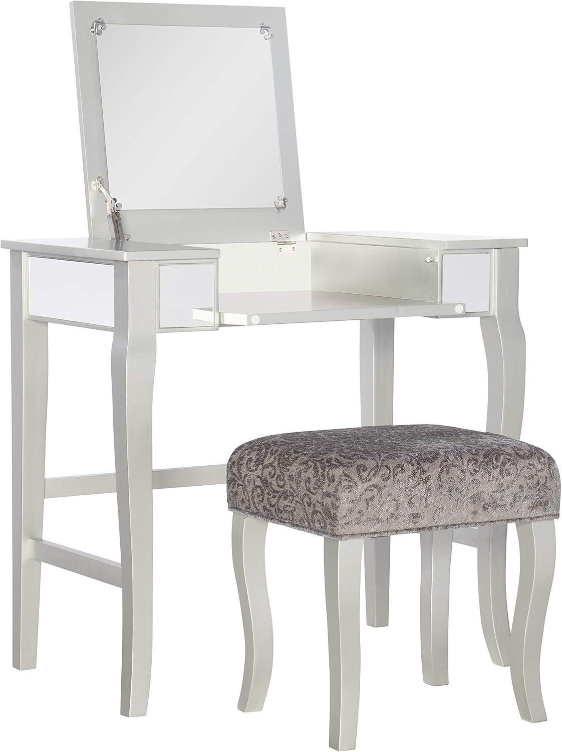 Harper Glam Flip-up Mirror Wood Vanity and Gray Upholstered Stool Mirror and Silver - Linon