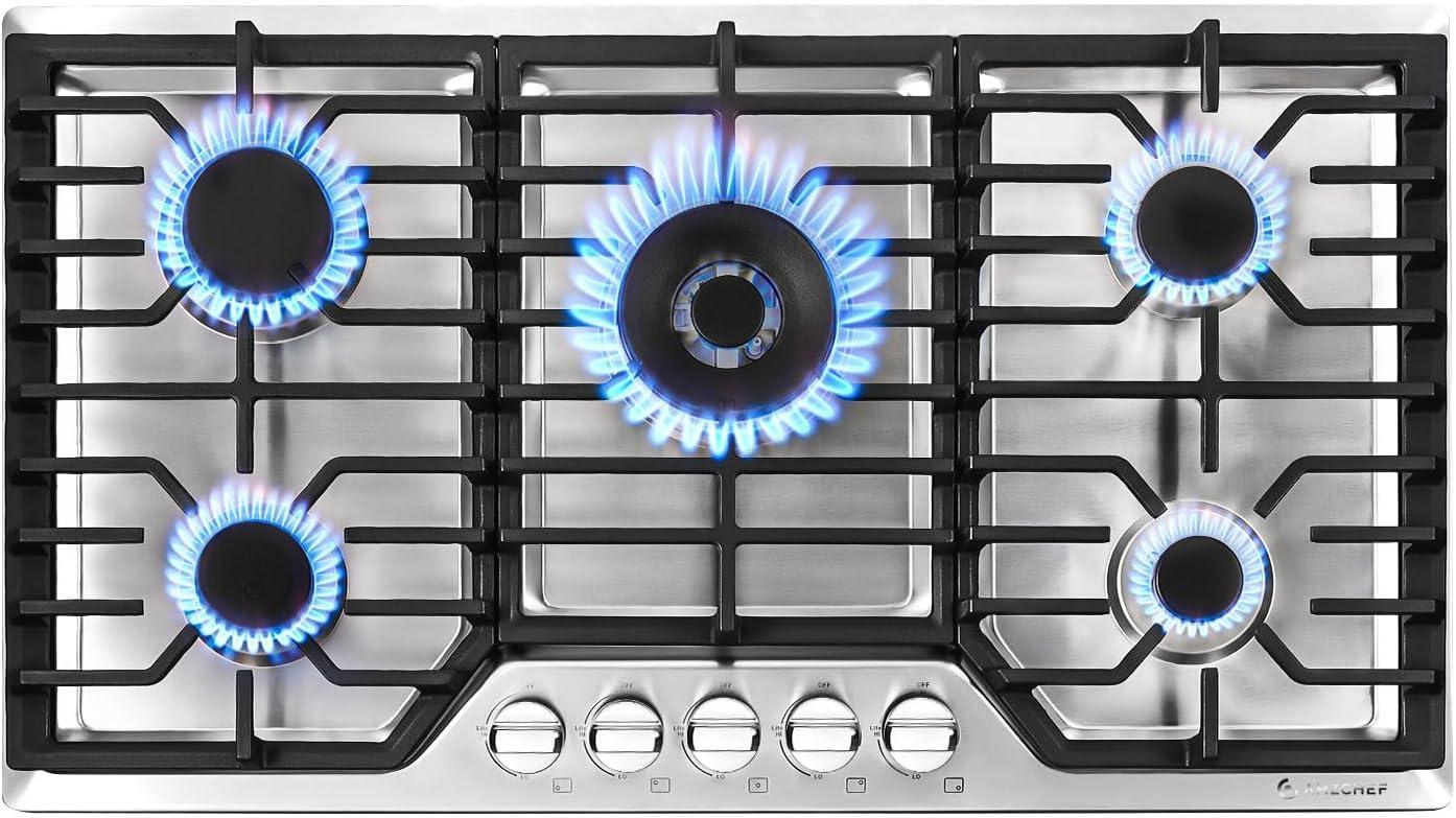 Gas Cooktop, 36 inch Bulit-in Gas Stove Top with 5 Burner,Five Burner Propane Cooktop with Thermocouple Protection, Stainless Steel