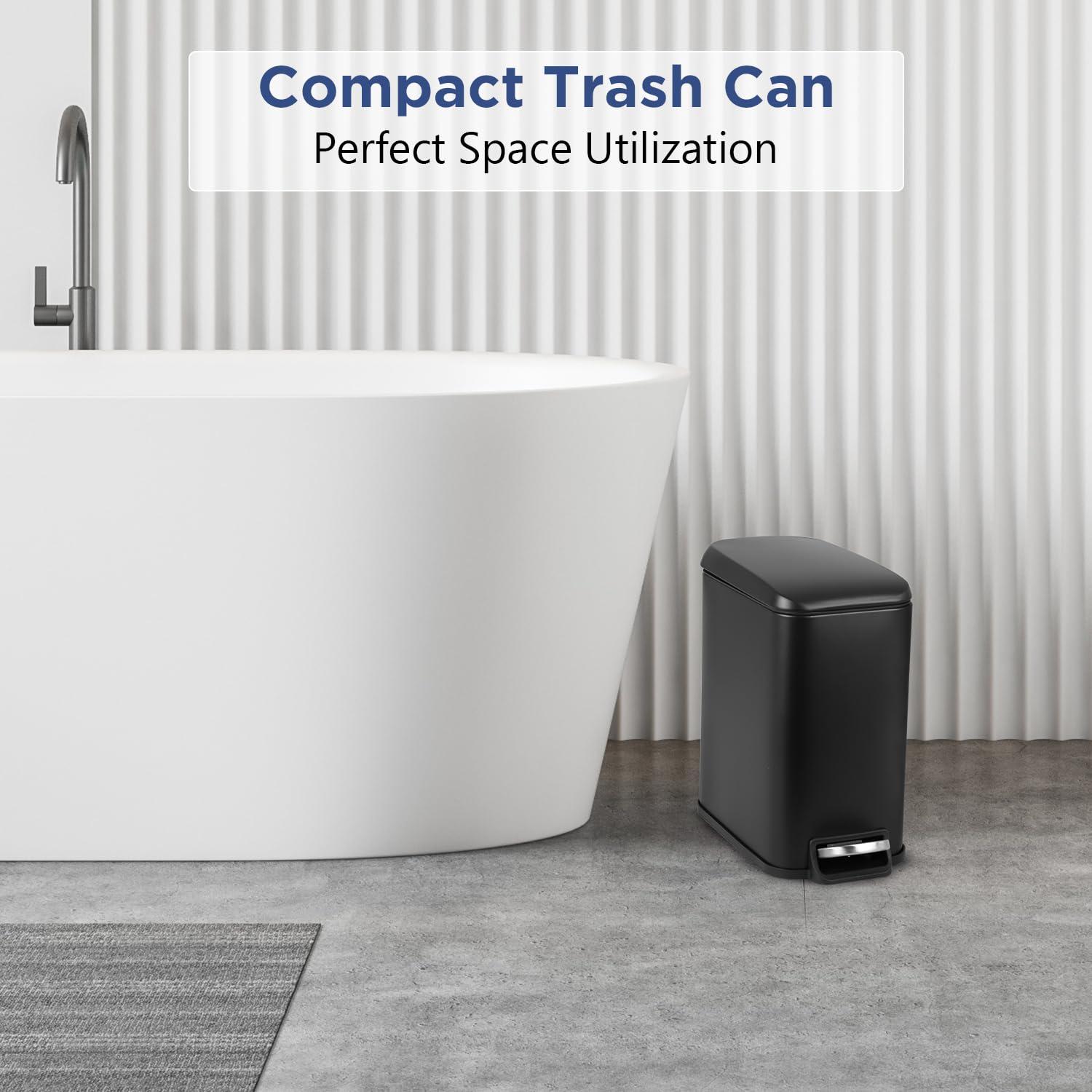 Black Rectangular Stainless Steel Pedal Trash Can with Quiet Close Lid