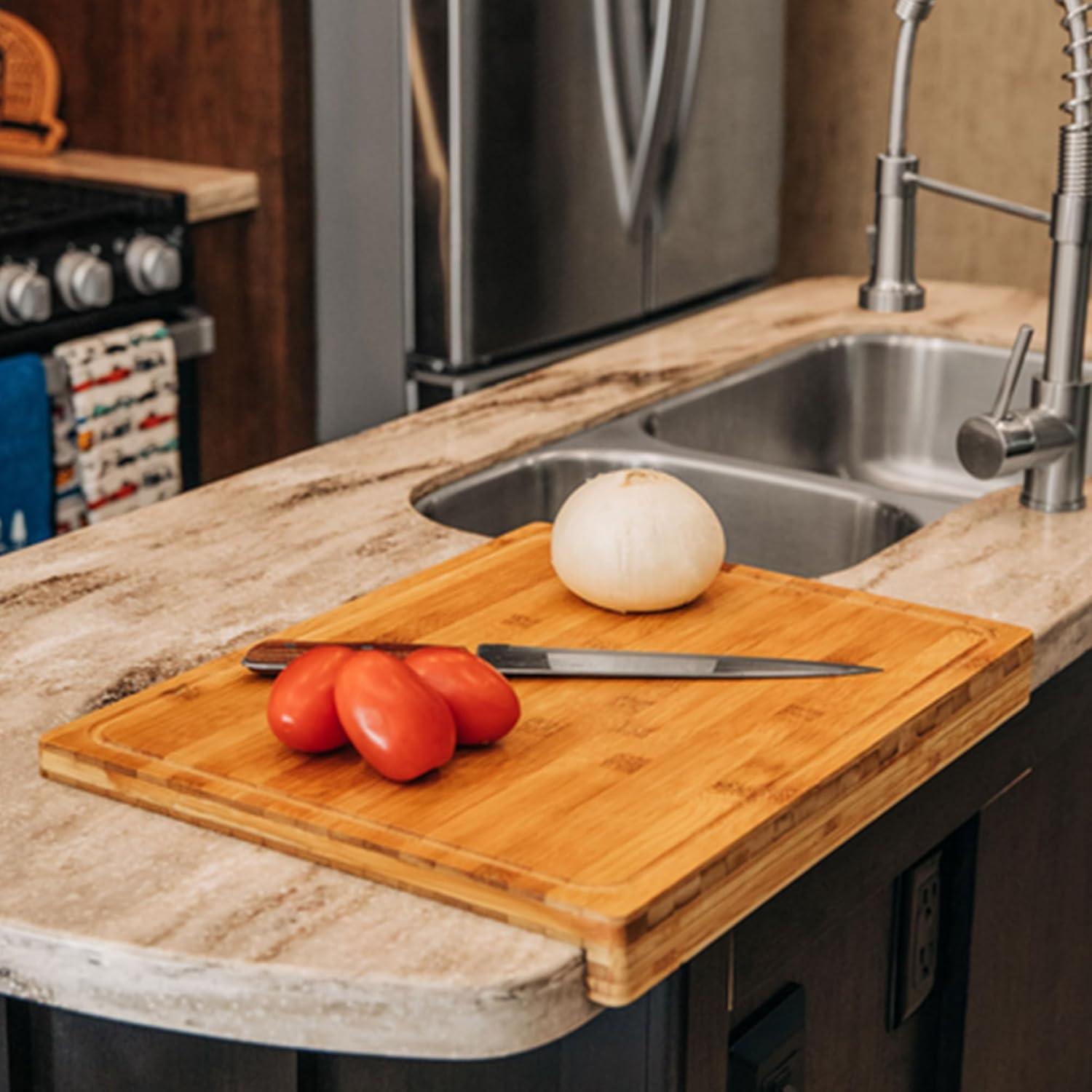 Camco Camper/RV Bamboo Cutting Board | Features Built-In Counter Edge & Juice Groove | Measures 18-inches x 14-inches x 1-3/4-inches (43545)