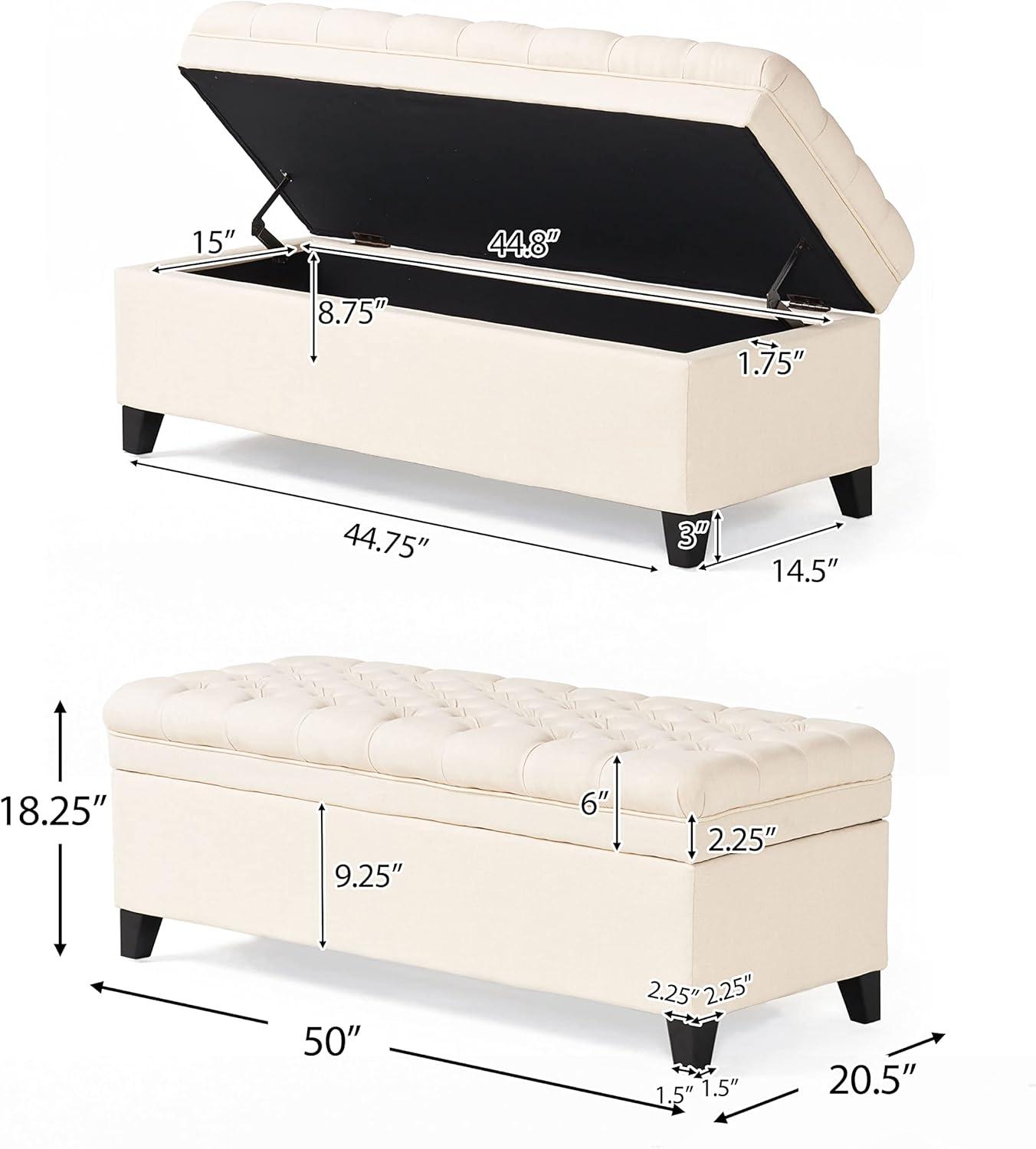 Beige Tufted Fabric Storage Ottoman with Birch Legs