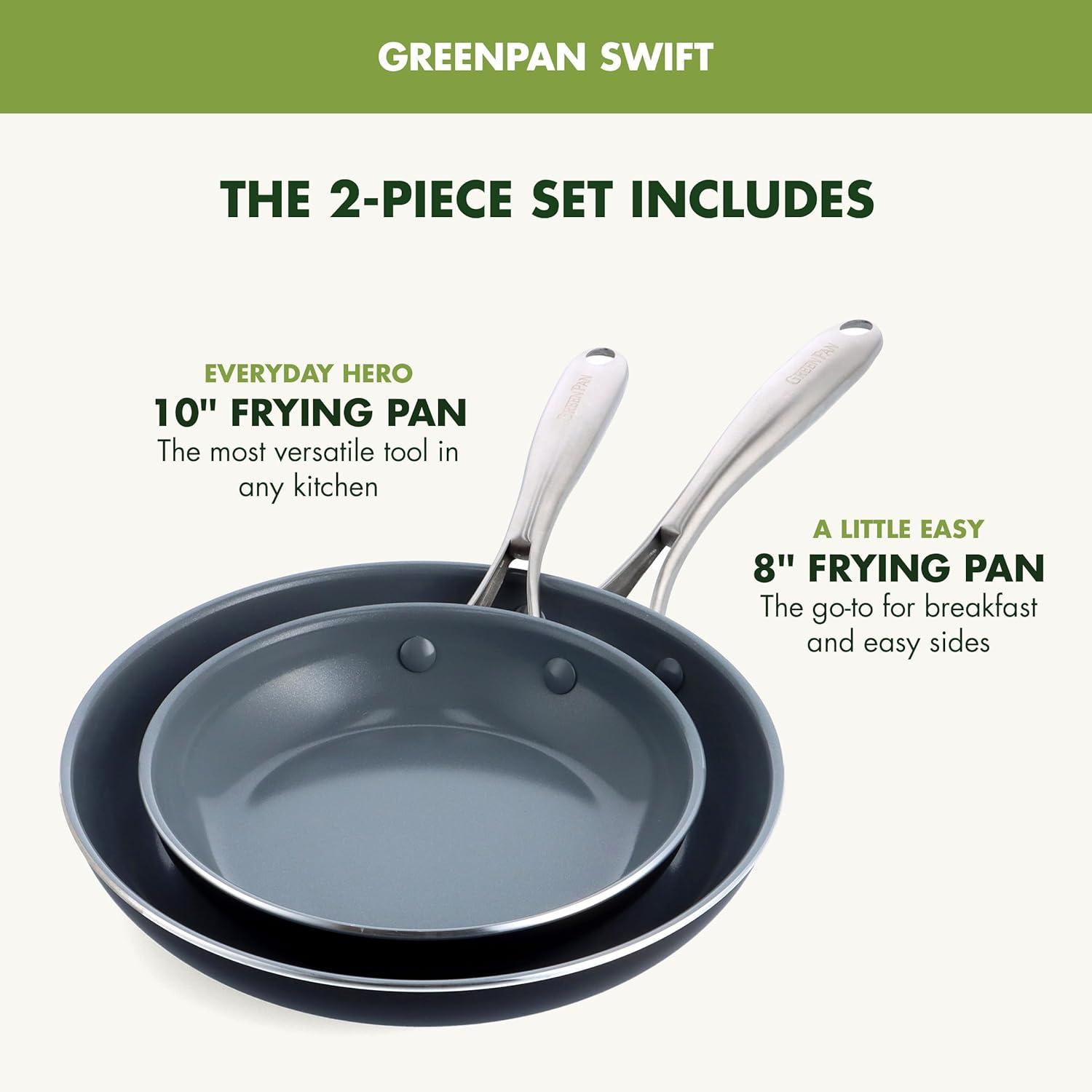 GreenPan Swift Healthy Ceramic Nonstick, 8" and 10" Frying Pan Skillet Set, Stainless Steel Handles, , Dishwasher Safe, Oven Safe, Black
