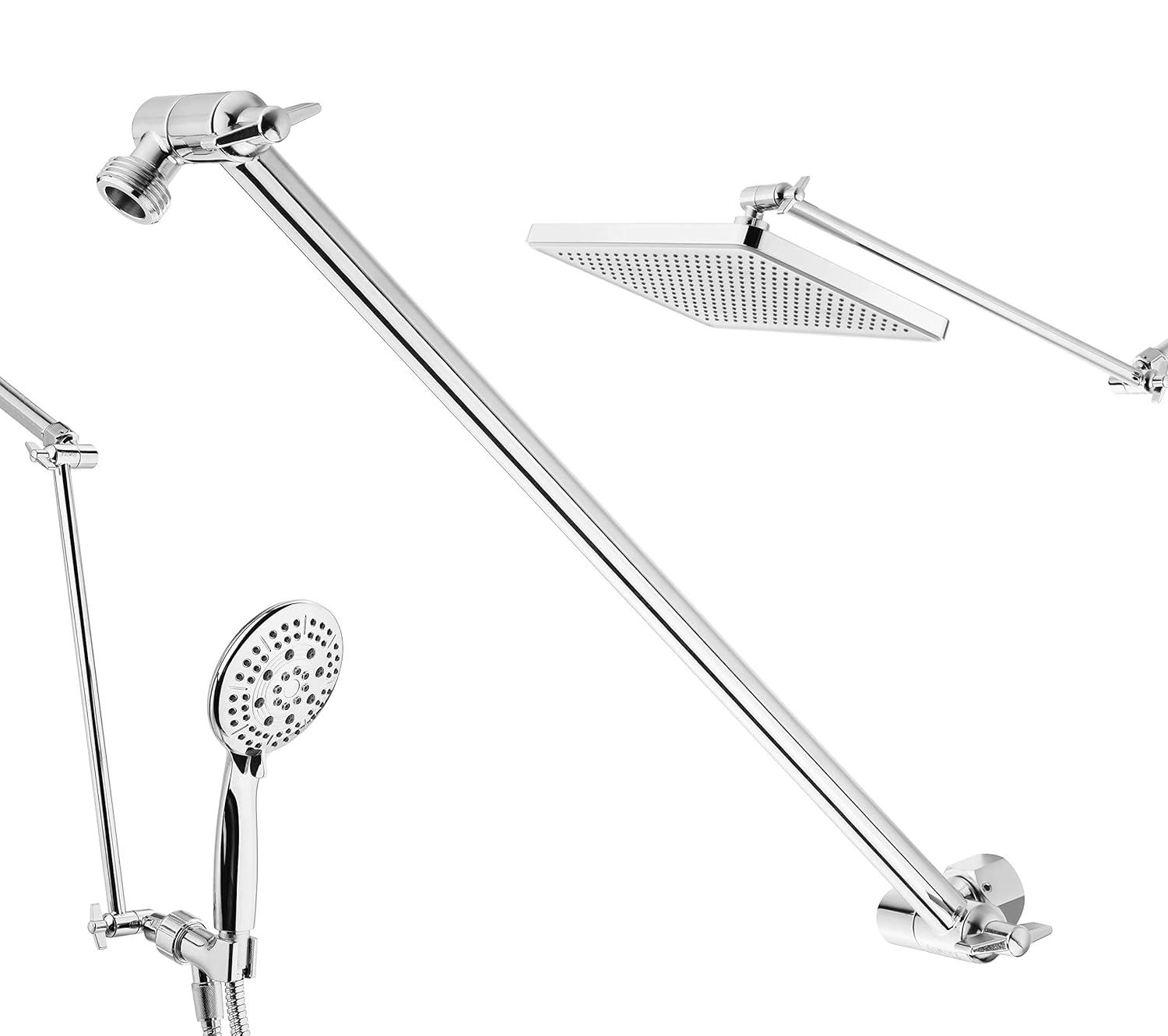 Flowby 𝟭6'' 𝗘𝘅𝘁𝗿𝗮 𝗟𝗼𝗻𝗴 Adjustable Solid Brass Chromed Shower Head Extension Arm, With Setting Screw and Locking Nuts, Extra Load of Weight, Height and Range Adjustable, Easy Installation