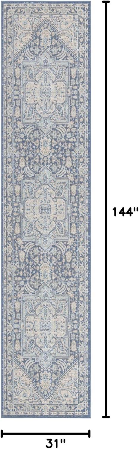 French Blue Medallion Runner Rug with Easy Care Synthetic Weave