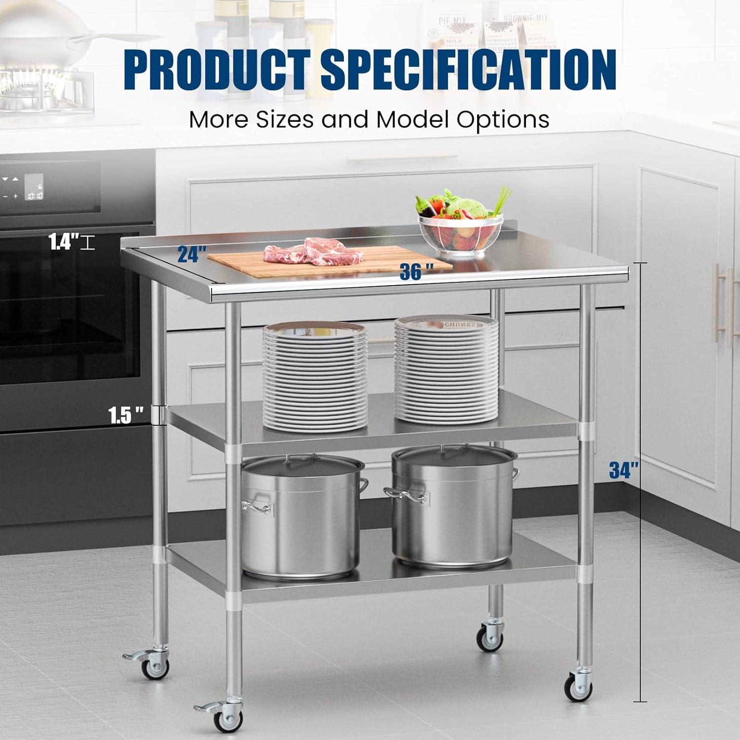 Sakiyr Stainless Steel Work Table, Heavy Duty Commercial Food Prep Table with Undershelf for Home Kitchen