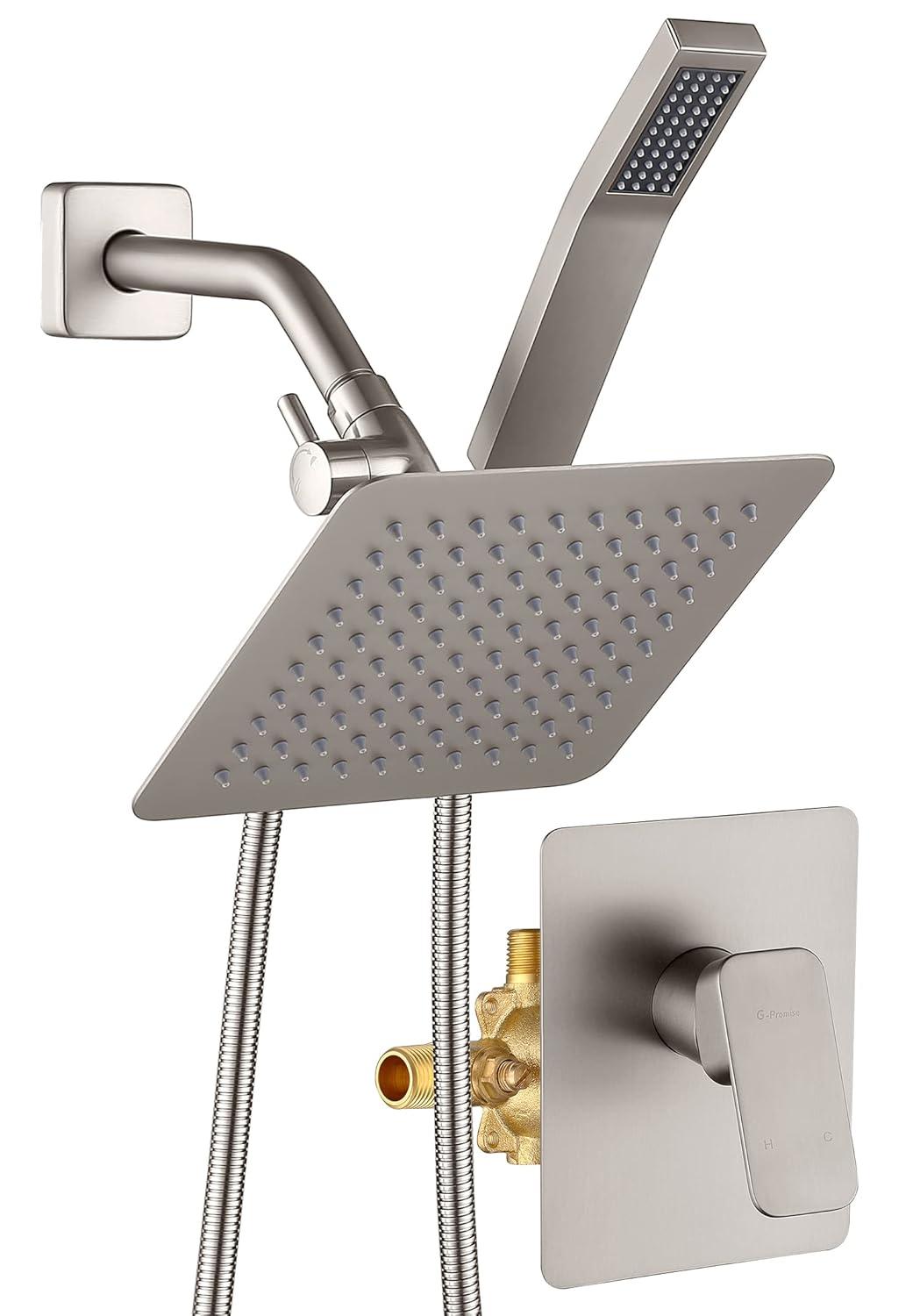 All Metal Shower Faucet Set, Dual Square Shower Head System with Handheld Wand & Rainfall Showerhead, Diverter, Hose Complete Combo, Pressure Balance Rough-in Valve Included