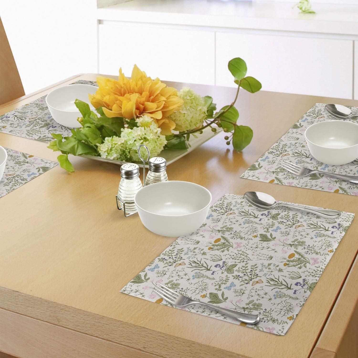 Ambesonne Floral Place Mats Set of 4, Vintage Garden Plants, Standard Size, Reseda Green Beige