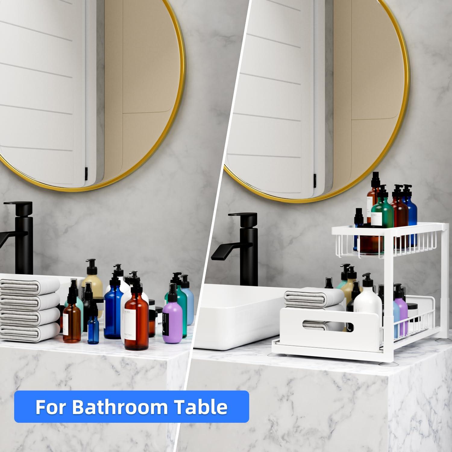2-Tier Under Sink Slide Out Organizer, Pull Out Cabinet Storage Shelf with Sliding Wire Basket Drawer for Bathroom Kitchen, Countertop or Pantry Shelf, White