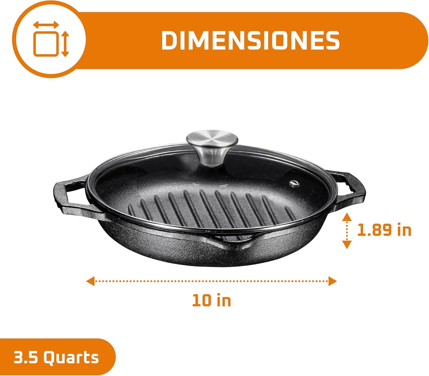 Bruntmor Enameled Cast Iron Skillet with Glass Lid | 10 Inch Deep Round Grill Pan and Frying Pan with Double Loop Handles | Black | Flat Cast Iron Skillet