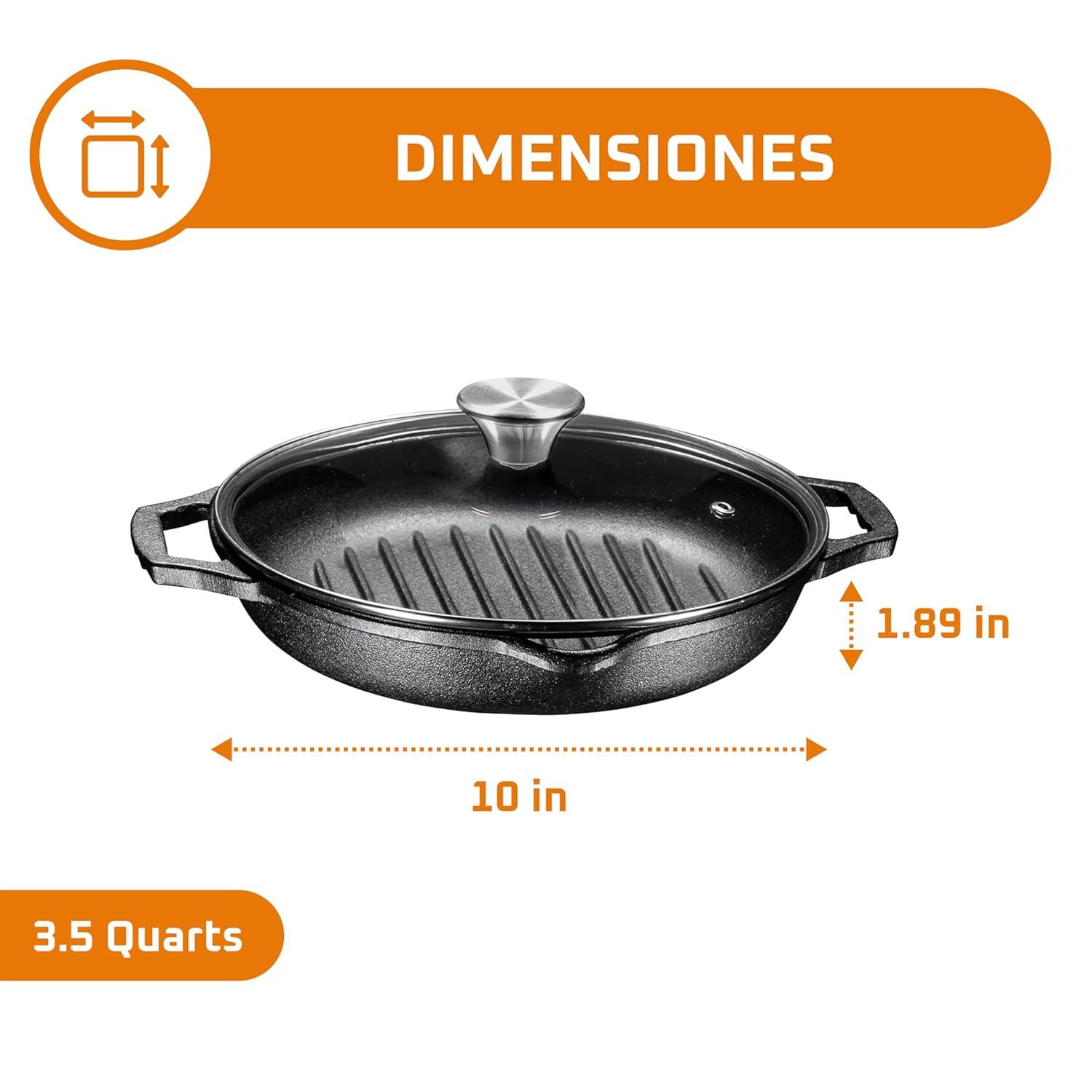 Bruntmor Enameled Cast Iron Skillet with Glass Lid | 10 Inch Deep Round Grill Pan and Frying Pan with Double Loop Handles | Black | Flat Cast Iron Skillet