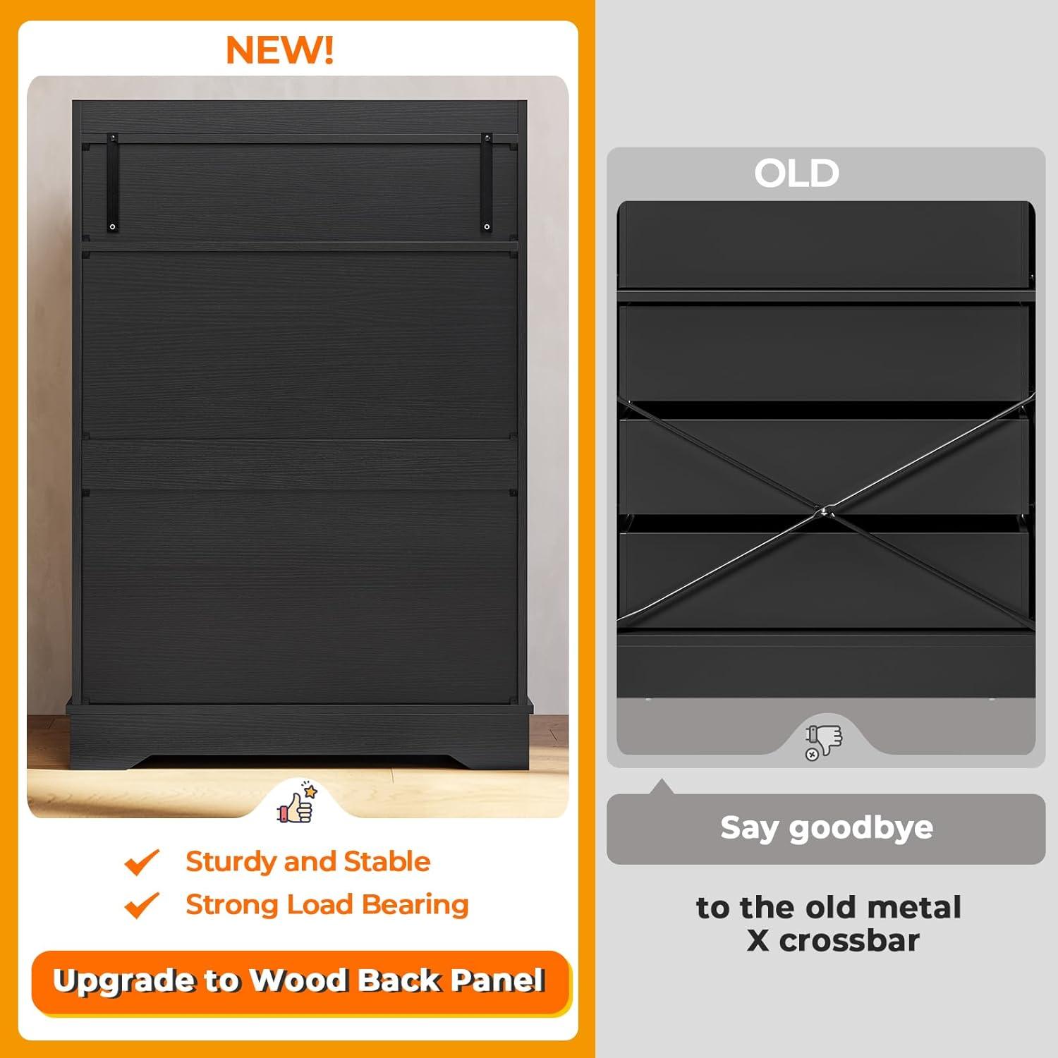 Black Dresser for Bedroom, 6 Drawers Dresser Wood Storage Tower Clothes Organizer, Chest of 6 Drawers, Large Capacity Storage Cabinet, Tall Dresser for Bedroom, Hallway, Entryway