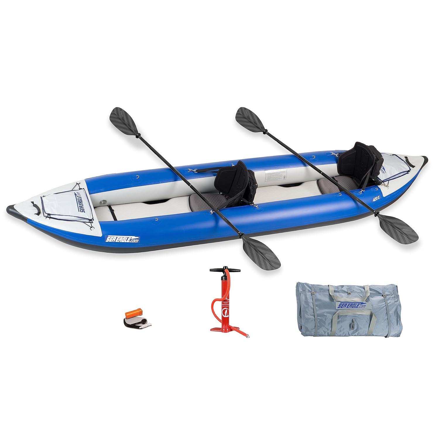 Sea Eagle 420X Explorer Inflatable Kayak- Fishing, Touring, Camping, Exploring & White Watering-Self Bailing, Removable Skeg, Drop Stitch Floor- Deluxe Package