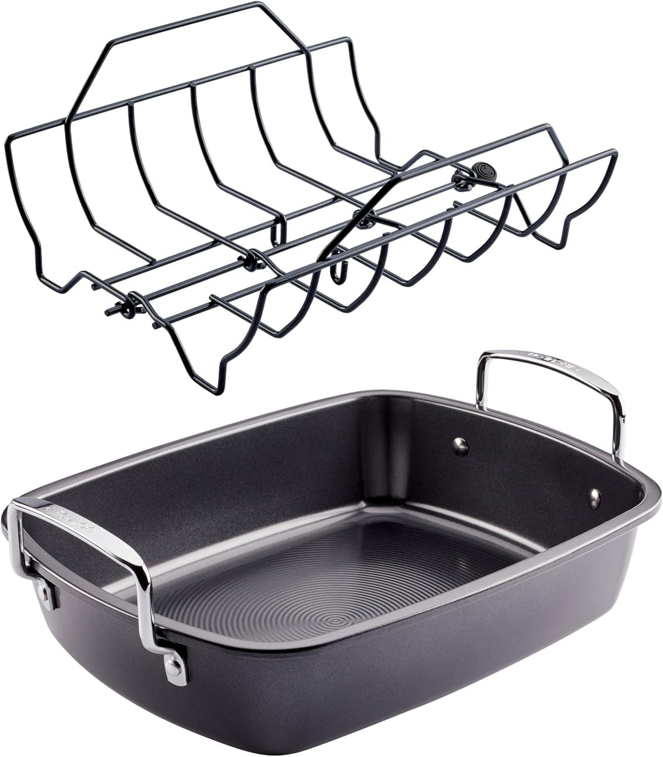 Black Nonstick Steel Roasting Pan with Rack and Handles, 17x13 Inch