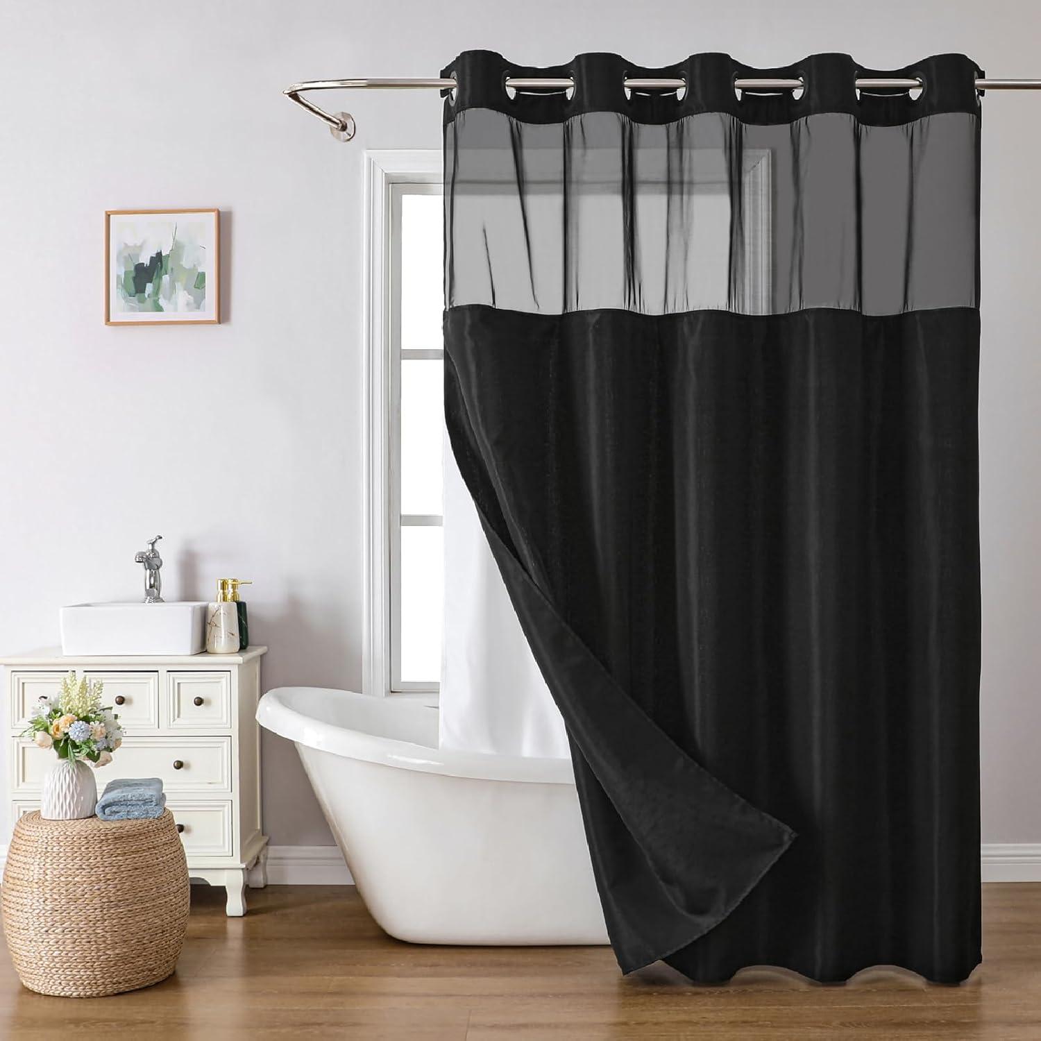 No Hooks Needed Linen Textured Shower Curtain with Snap-in Fabric Liner Set,with Mesh Top Window