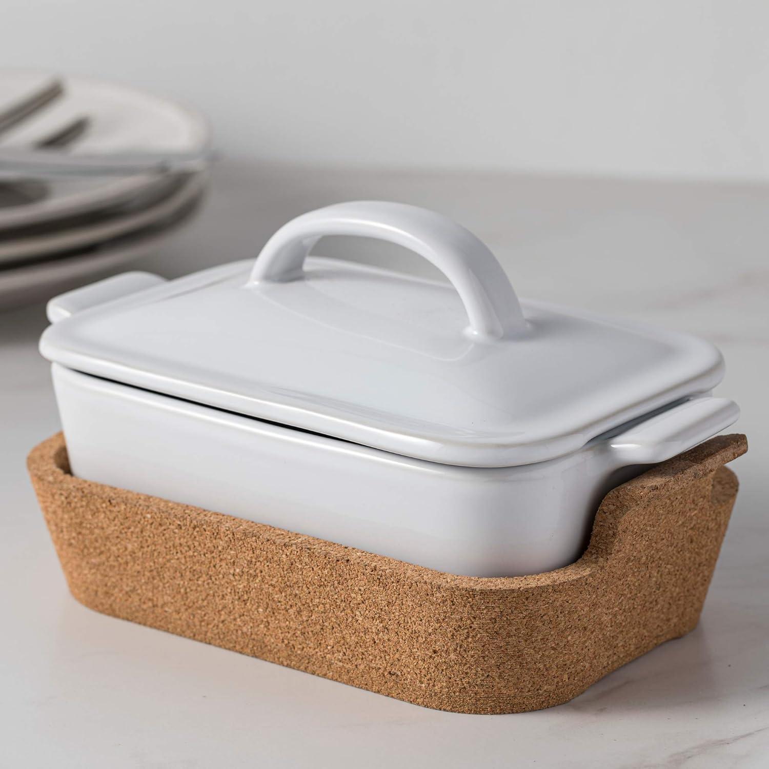 White Stoneware Rectangular Casserole with Cork Tray