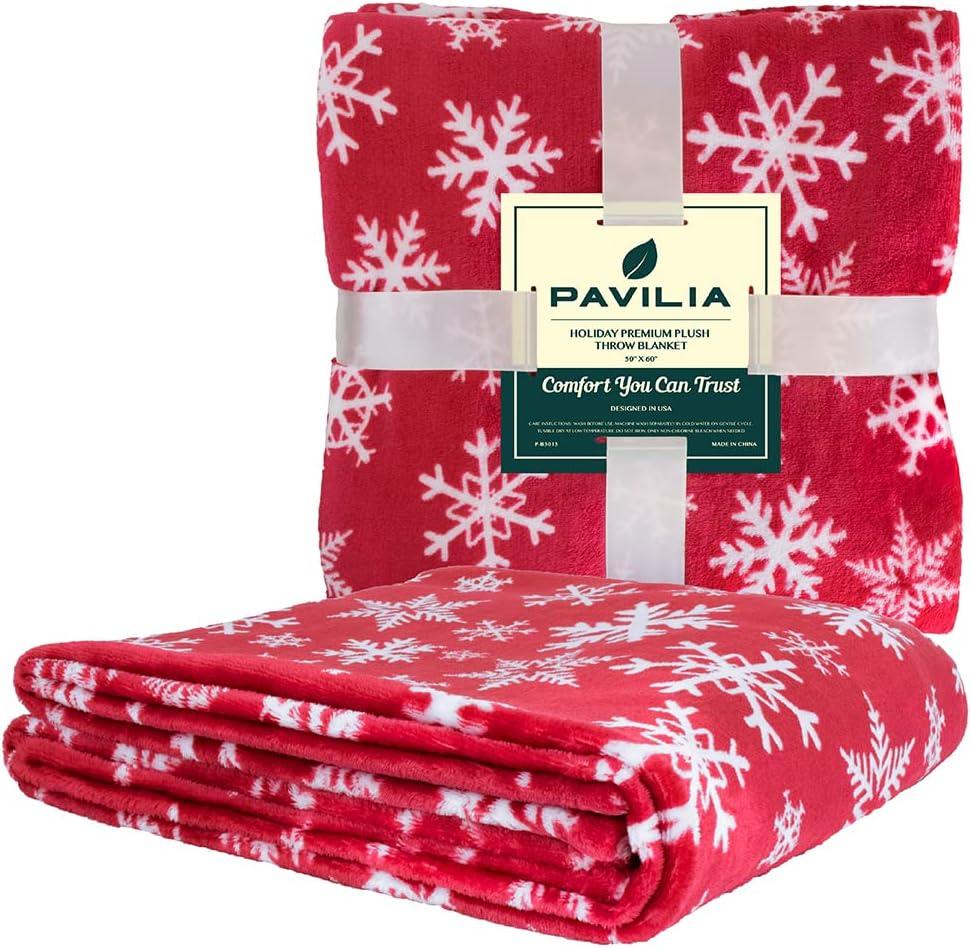 PAVILIA Holiday Festival Christmas Throw Blanket for Couch Bed Sofa, 50x60 (Snowflake Red)