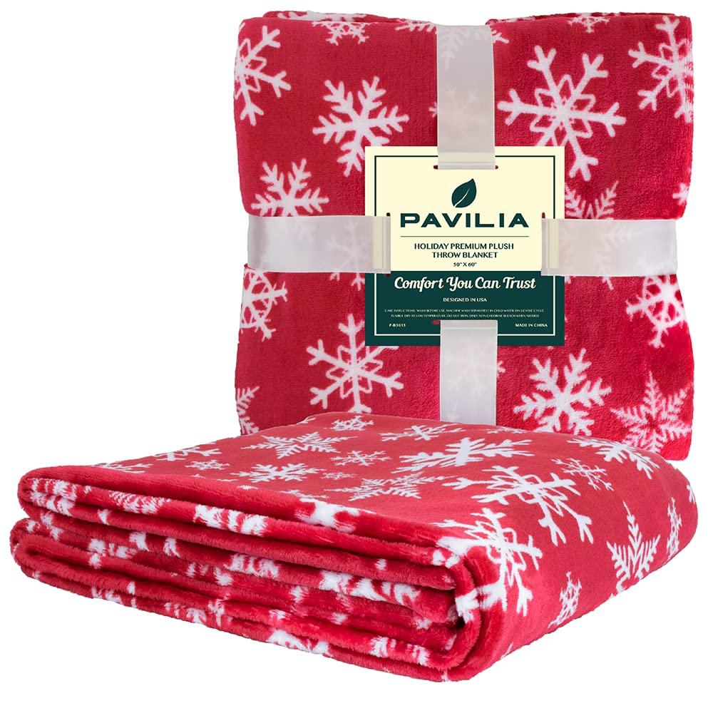 PAVILIA Holiday Festival Christmas Throw Blanket for Couch Bed Sofa, 50x60 (Snowflake Red)