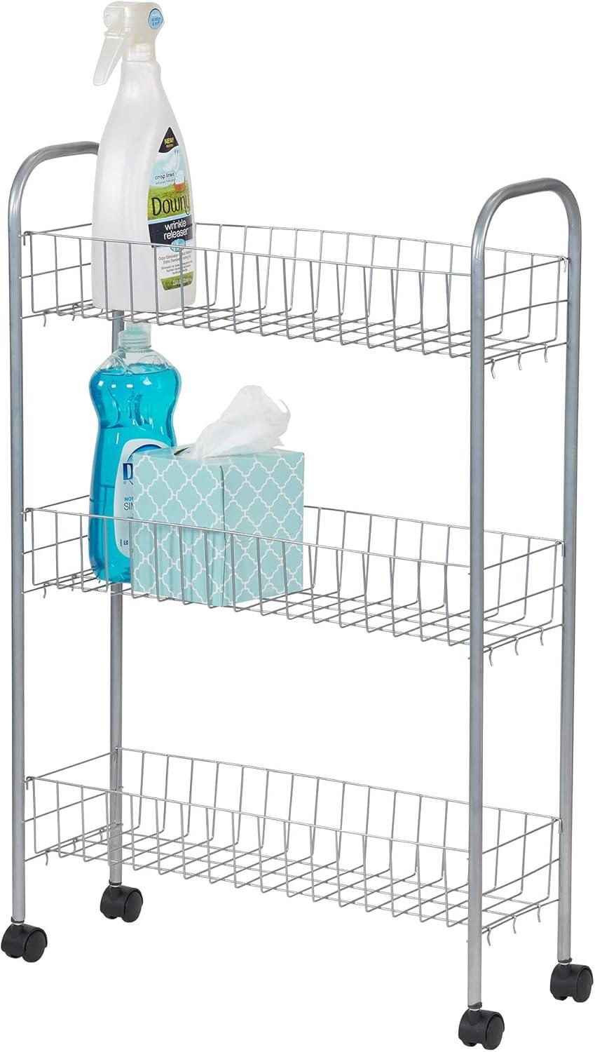 Slim Silver 3-Tier Rolling Storage Cart for Laundry and More