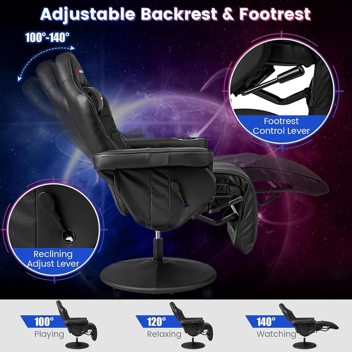 POWERSTONE Gaming Recliner Massage Gaming Chair with Footrest Ergonomic PU Leather Single Sofa with Cup Holder Headrest and Side Pouch, Adjustable Living Room Chair Seating, Black