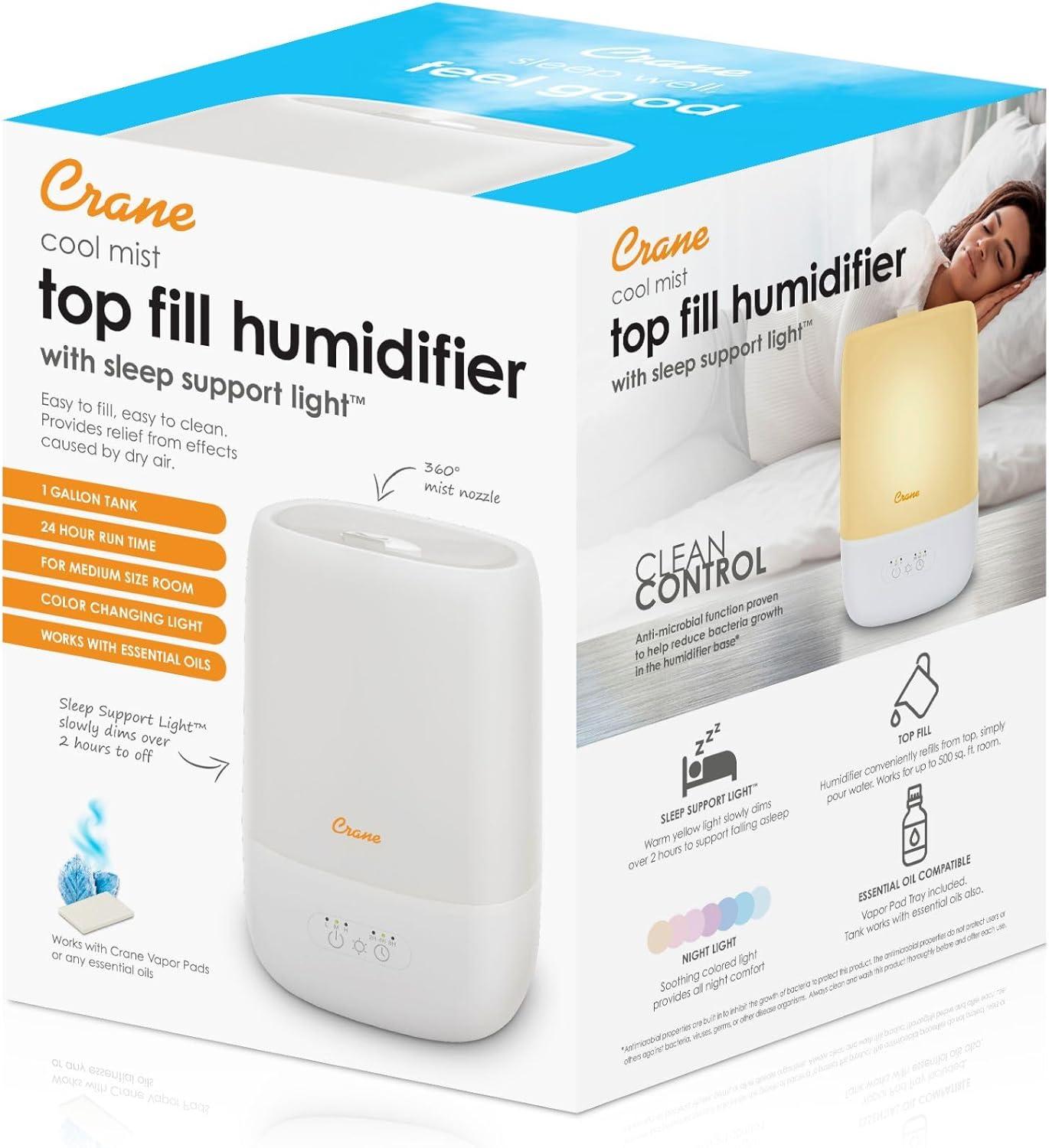 Crane USA Top Fill Cool Mist Humidifier - 1 Gallon with Sleep Support Light & Essential Oil Tray