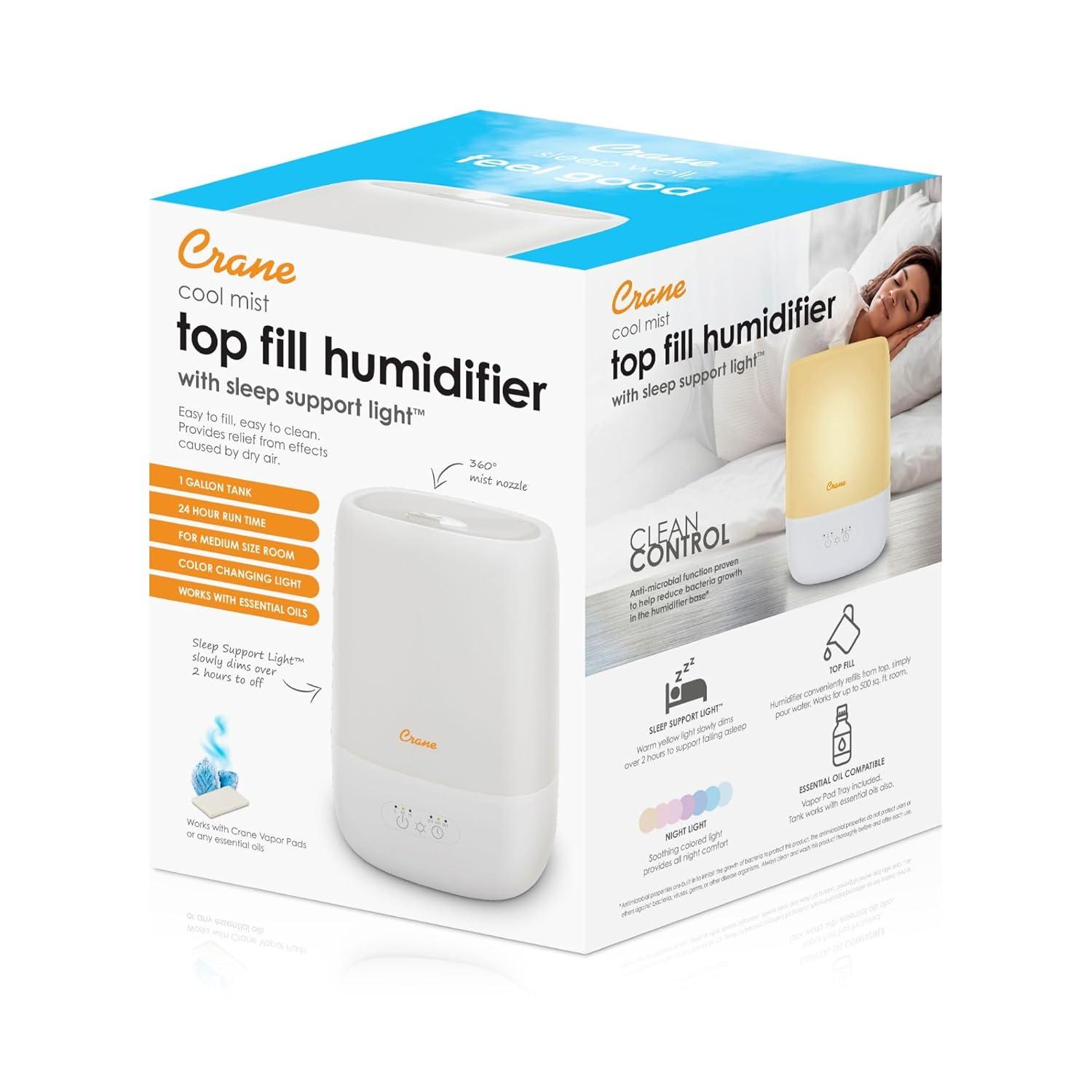 Crane USA Top Fill Cool Mist Humidifier - 1 Gallon with Sleep Support Light & Essential Oil Tray