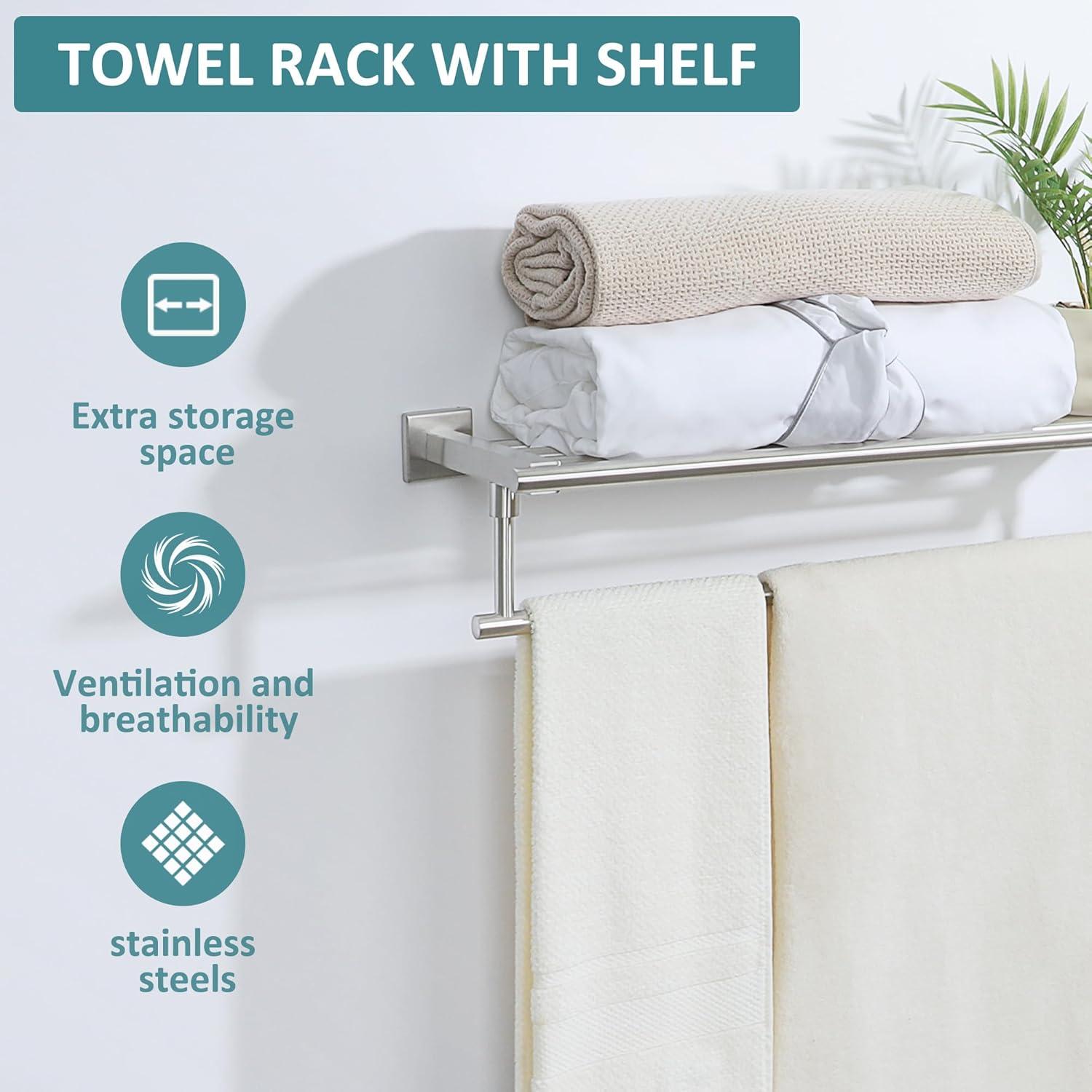 Brushed Nickel Stainless Steel Wall-Mounted Towel Rack with Shelf