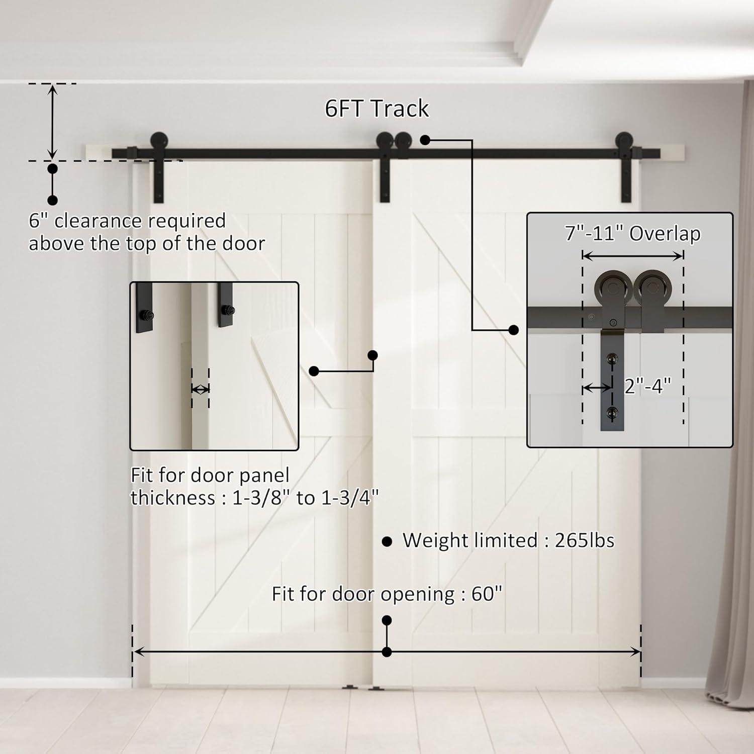 6FT Black Carbon Steel Single Track Bypass Barn Door Hardware Kit