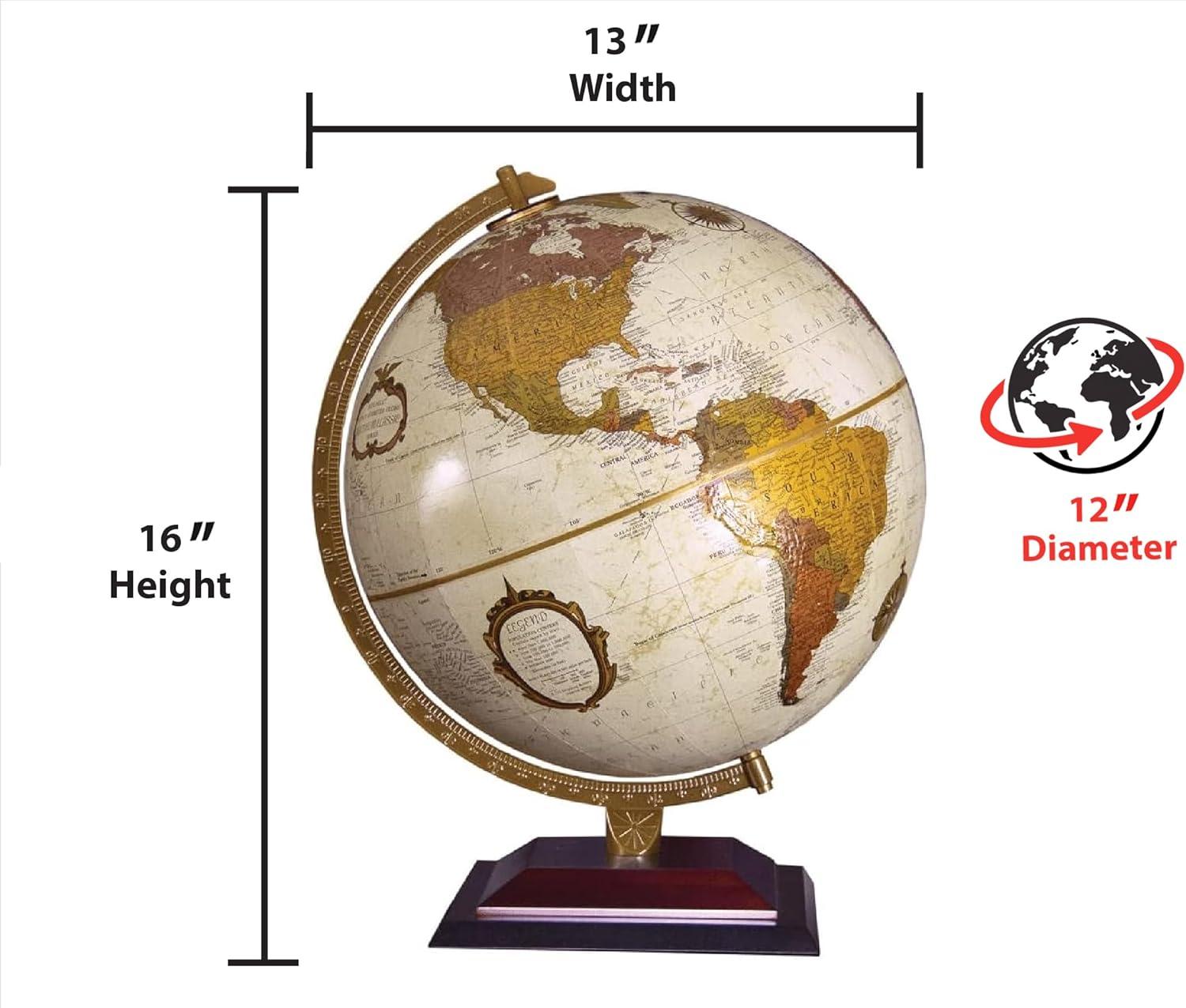 Andorra 12" Desktop World Globe, Raised Relief, Up-to-Date Cartography, Made in USA (Antique Ocean with Bronze Metallic Continents)