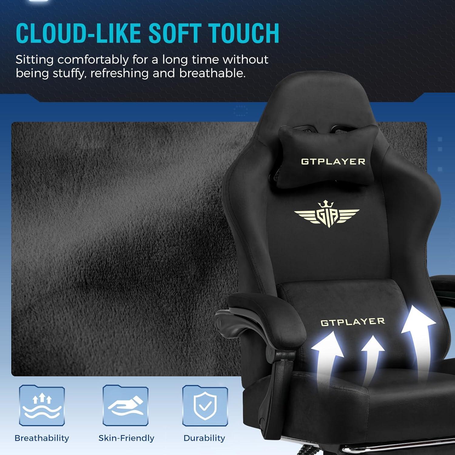 GTPLAYER Gaming Chair Fabric with Pocket Spring Cushion, Big and Tall Gaming Chair 350LBS High Back Computer Chair with Footrest for Adults Lumbar Support Swivel Game Chair for Office Gaming Black