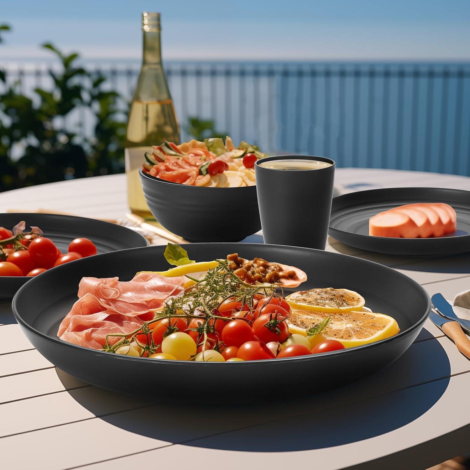 32 Pcs Wheat Straw Dinnerware Sets,Plastic Plates and Bowls Sets for 8,Unbreakable Dinnerware Set,Reusable Lightweight Black Dish Set for Kitchen,Camping,Party,RV,Dishwasher Microwave Safe